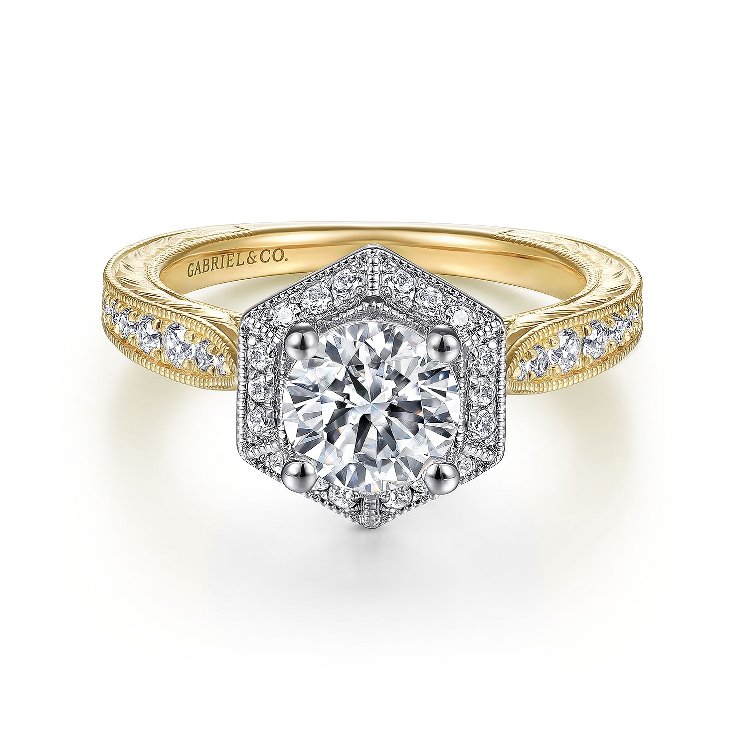 Gabriel - Art Deco 14K White-Yellow Gold Hexagonal Halo Round Diamond Engagement Ring