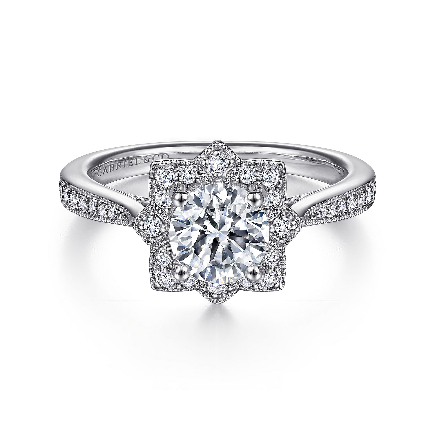 Gabriel - Unique 14K White Gold Vintage Inspired Halo Diamond Engagement Ring