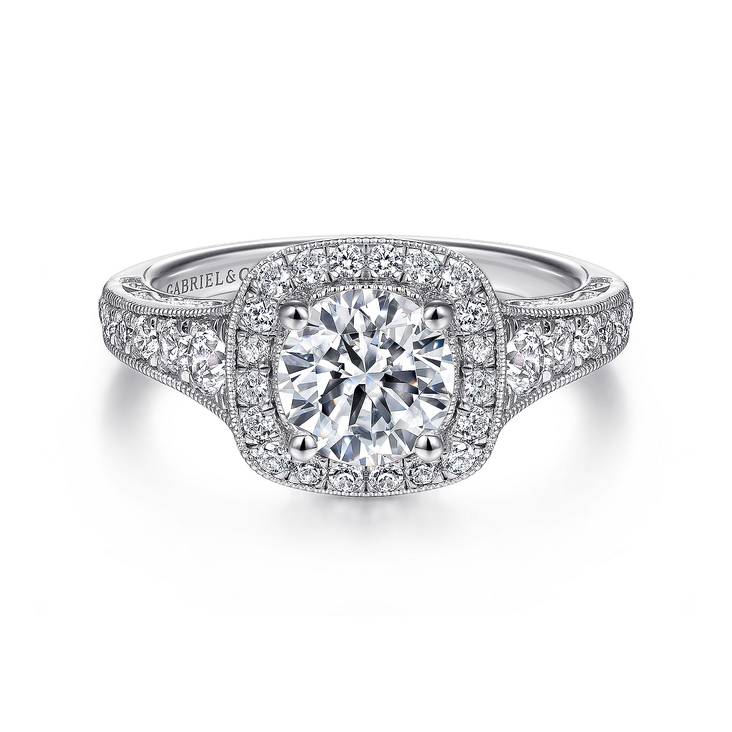 Gabriel - Vintage Inspired 14K White Gold Cushion Halo Round Diamond Engagement Ring