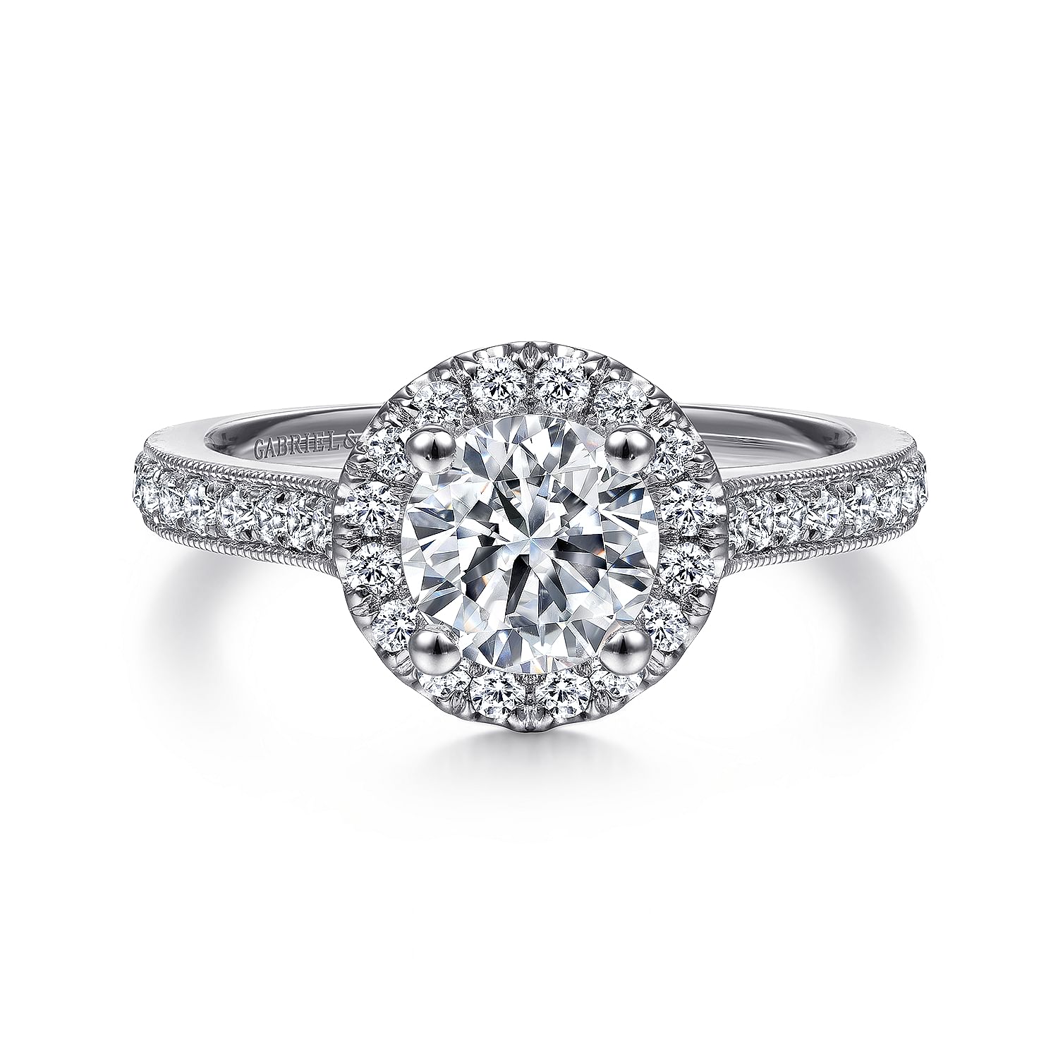 Gabriel - Vintage Inspired 14K White Gold Round Halo Diamond Engagement Ring