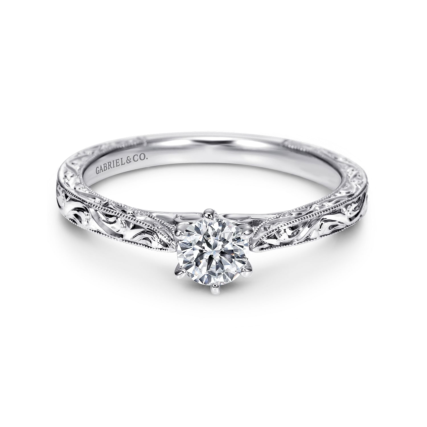 Gabriel - Vintage Inspired 14K White Gold Round Solitaire Engagement Ring