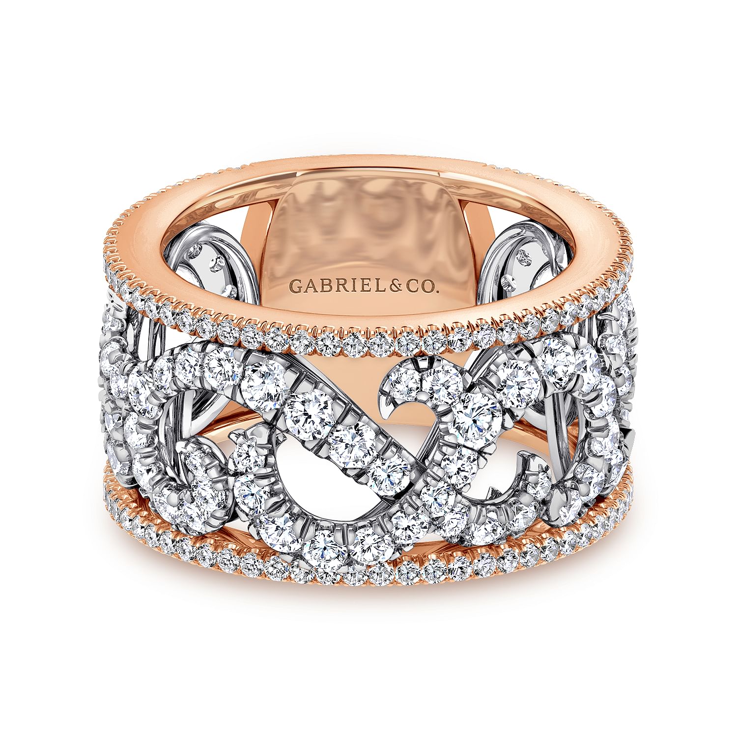 Gabriel - Wide 14K White and Rose Gold French Pavé Set Scrollwork Design Diamond Ring