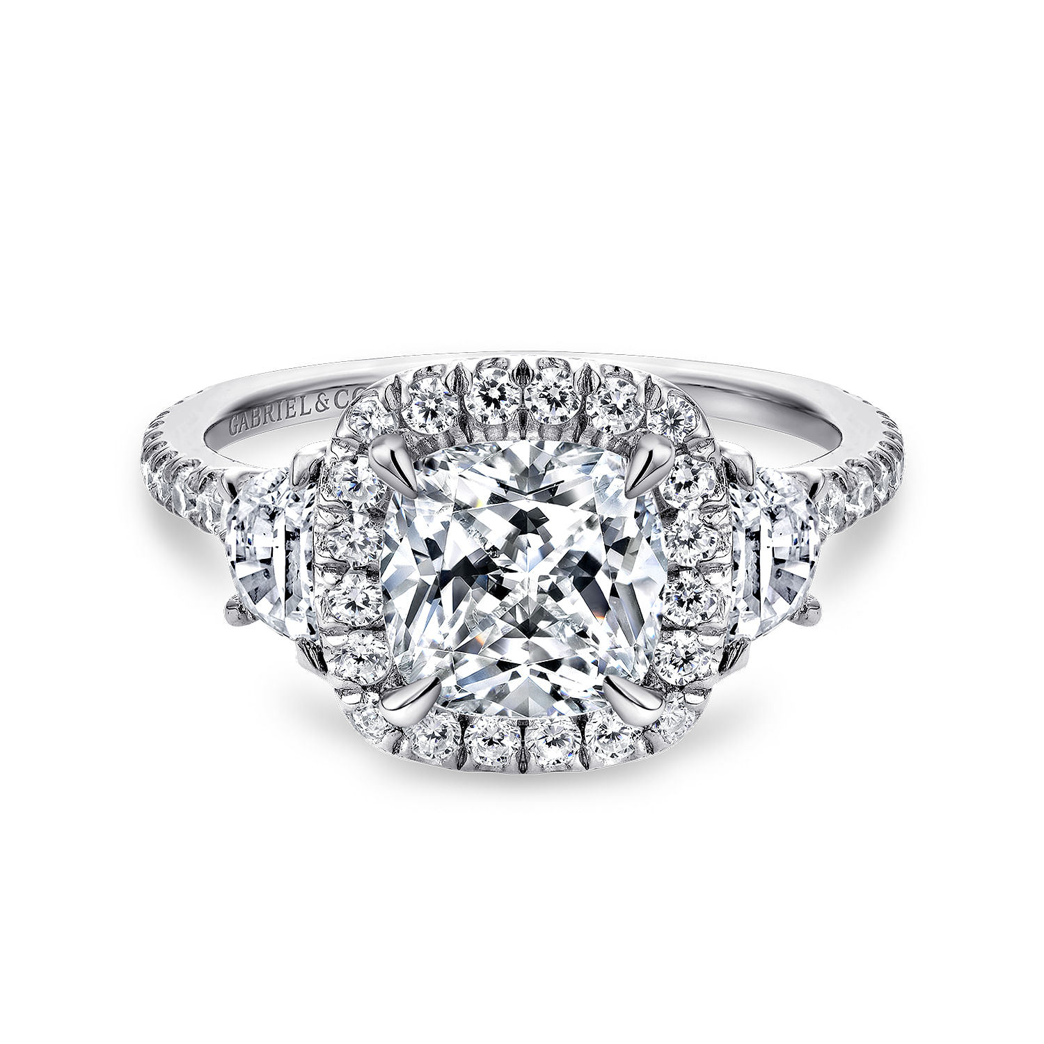 14k White Gold Cushion Three Stone Halo Diamond Engagement Ring