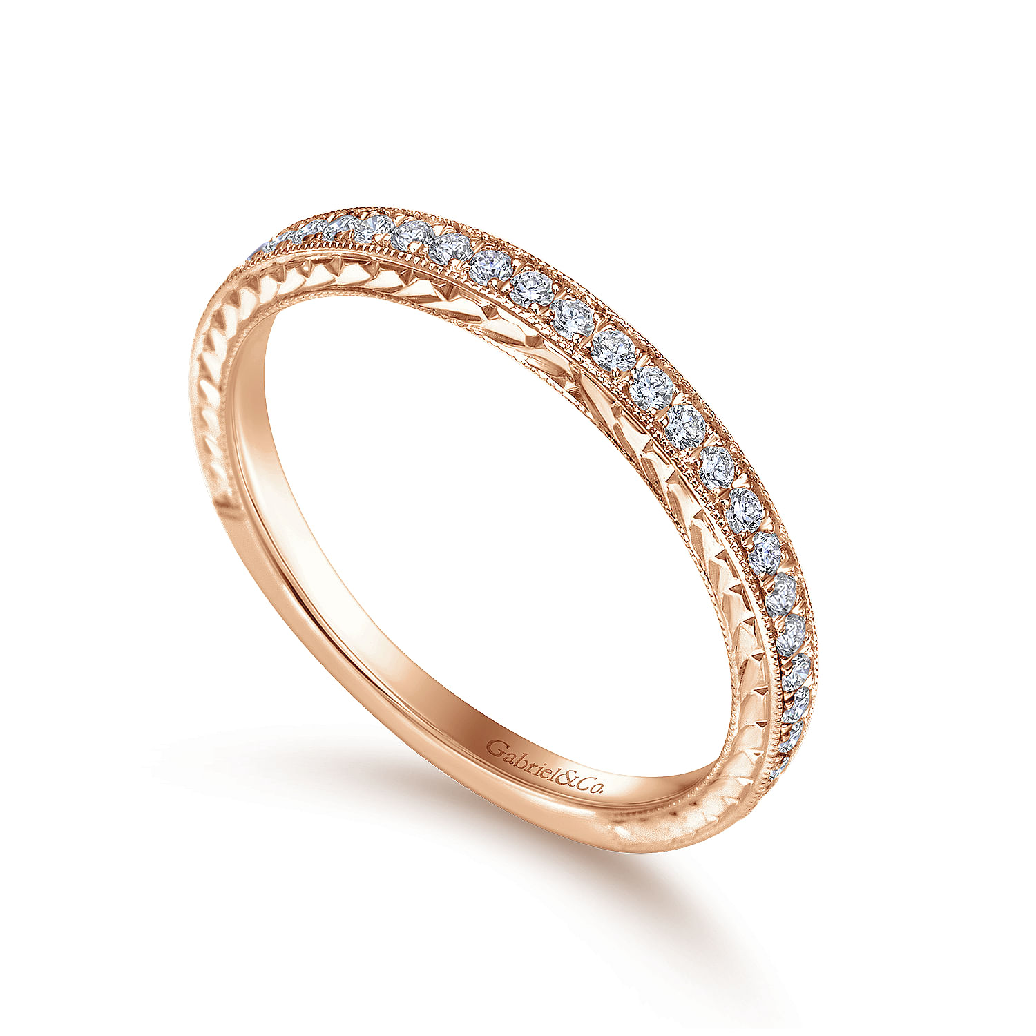14k Pink Gold Diamond Straight Wedding Band angle 3 14k Pink Gold Diamond Straight Wedding Band angle 3