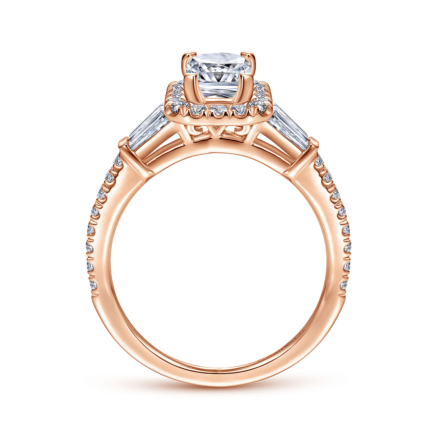 14k Rose Gold Emerald Cut Halo Engagement Ring angle 2 14k Rose Gold Emerald Cut Halo Engagement Ring angle 2