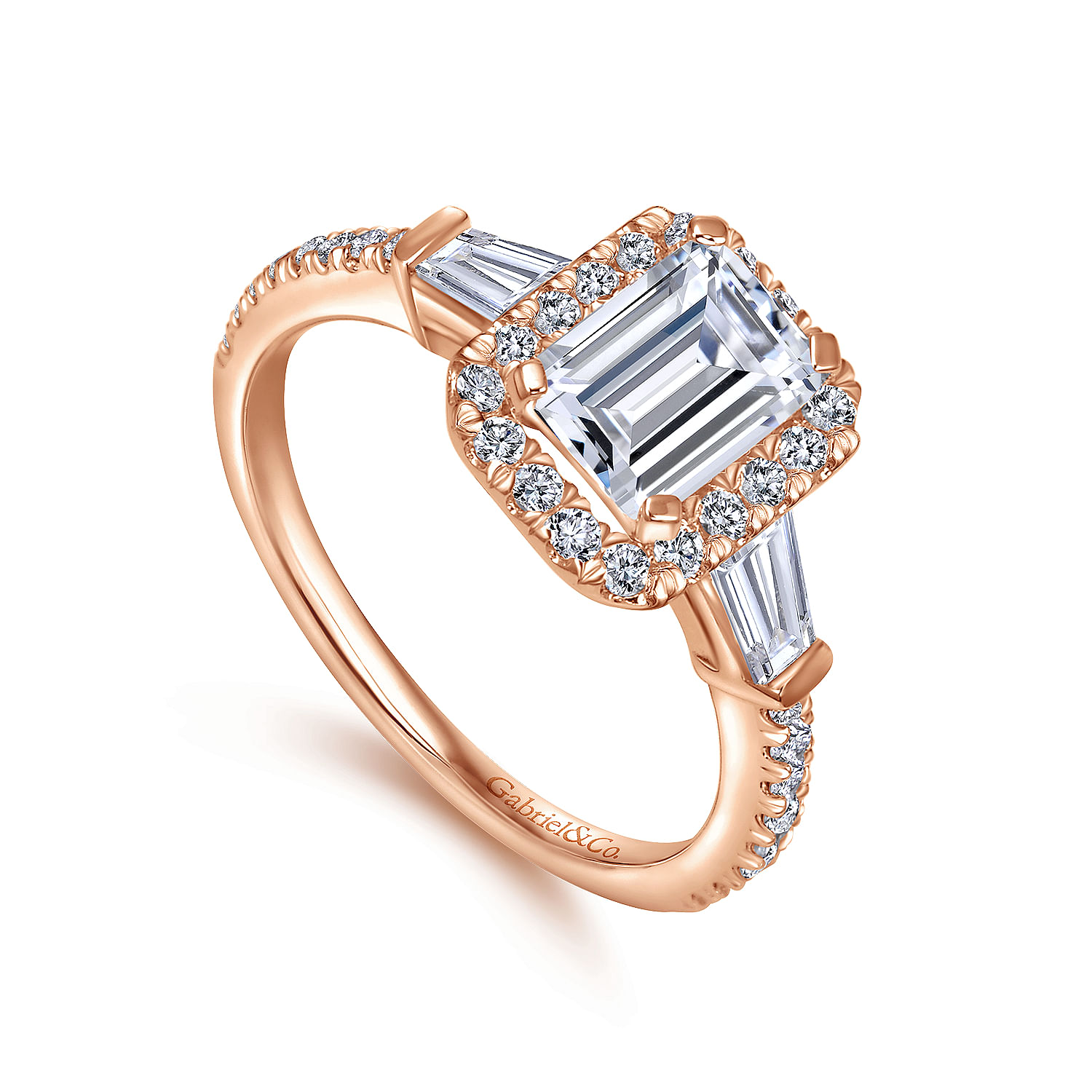 14k Rose Gold Emerald Cut Halo Engagement Ring angle 3 14k Rose Gold Emerald Cut Halo Engagement Ring angle 3