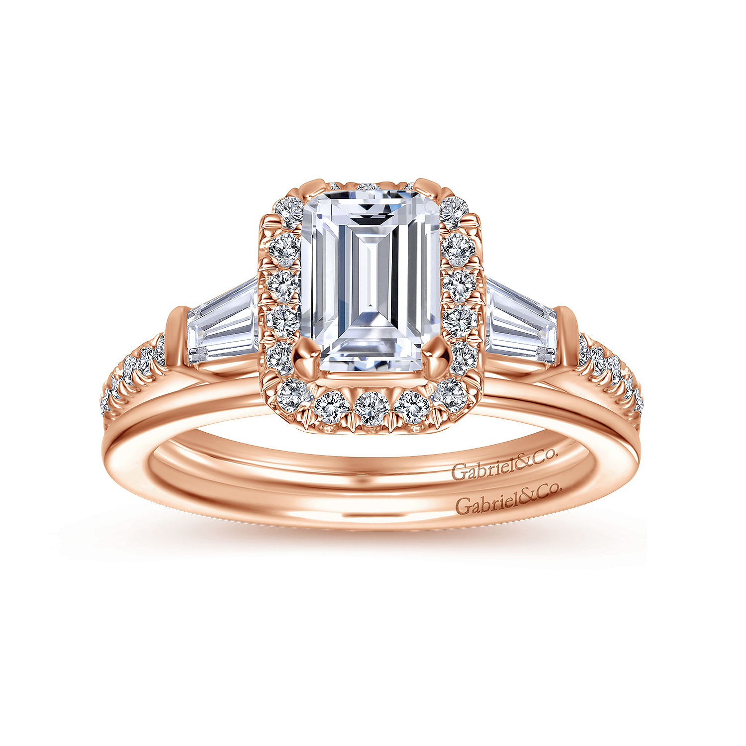 14k Rose Gold Emerald Cut Halo Engagement Ring angle 4 14k Rose Gold Emerald Cut Halo Engagement Ring angle 4