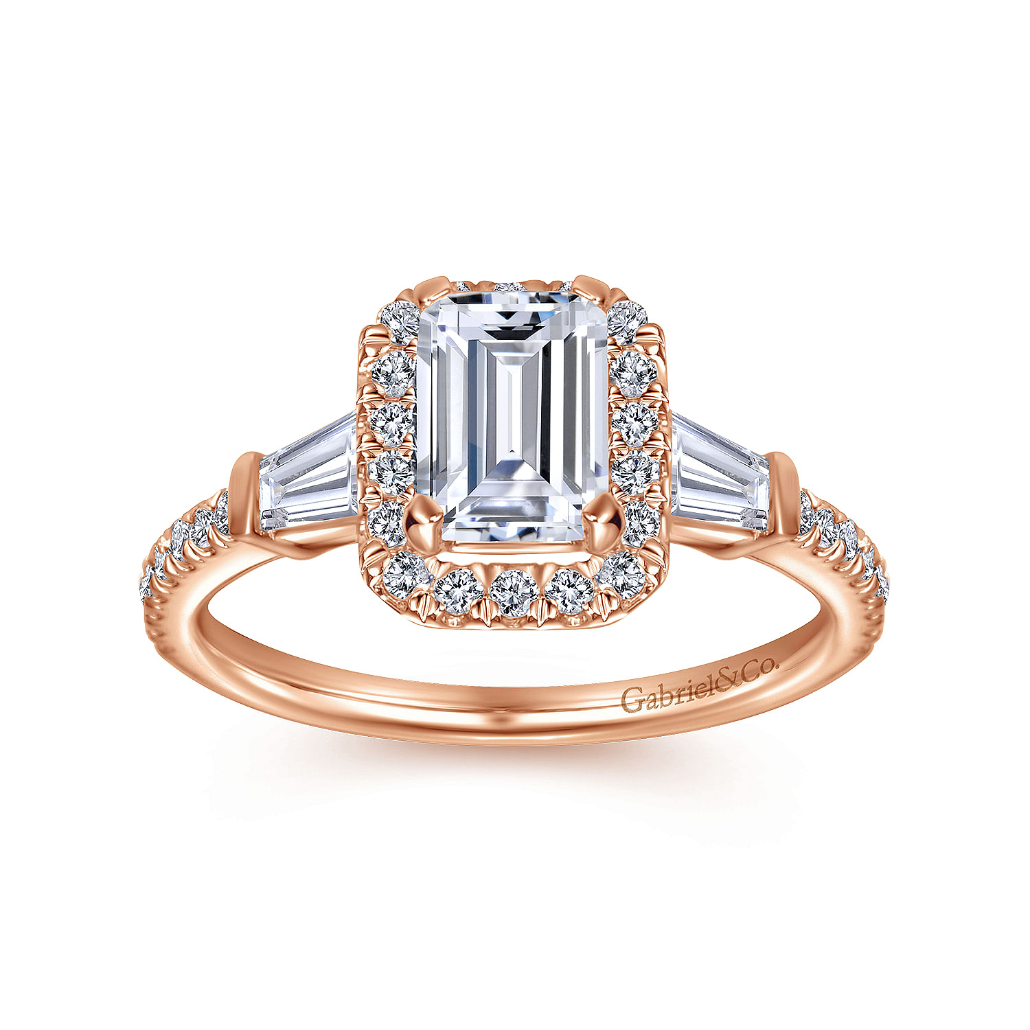 14k Rose Gold Emerald Cut Halo Engagement Ring angle 5 14k Rose Gold Emerald Cut Halo Engagement Ring angle 5