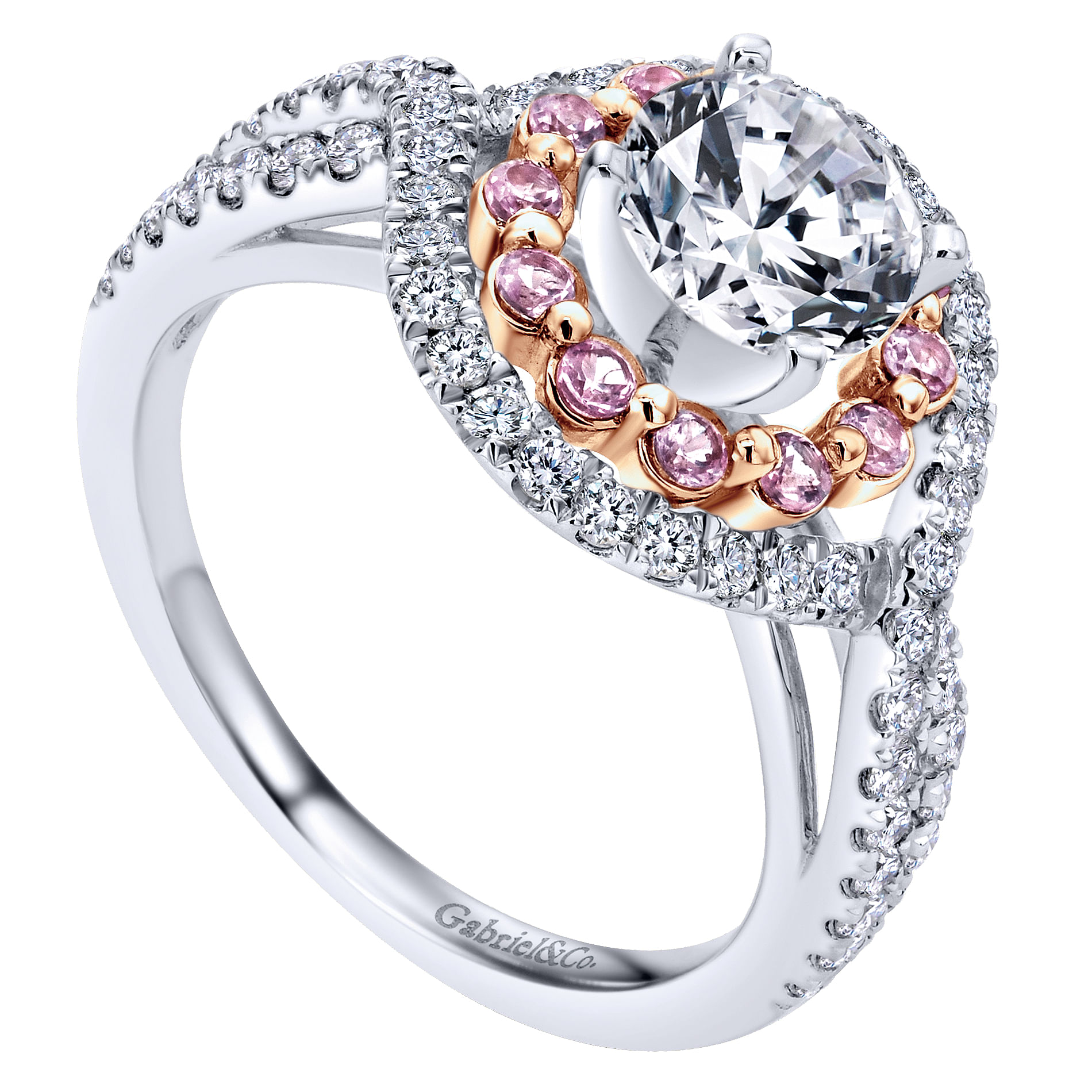 14k White And Rose Gold Round Double Halo Engagement Ring angle 3 14k White And Rose Gold Round Double Halo Engagement Ring angle 3