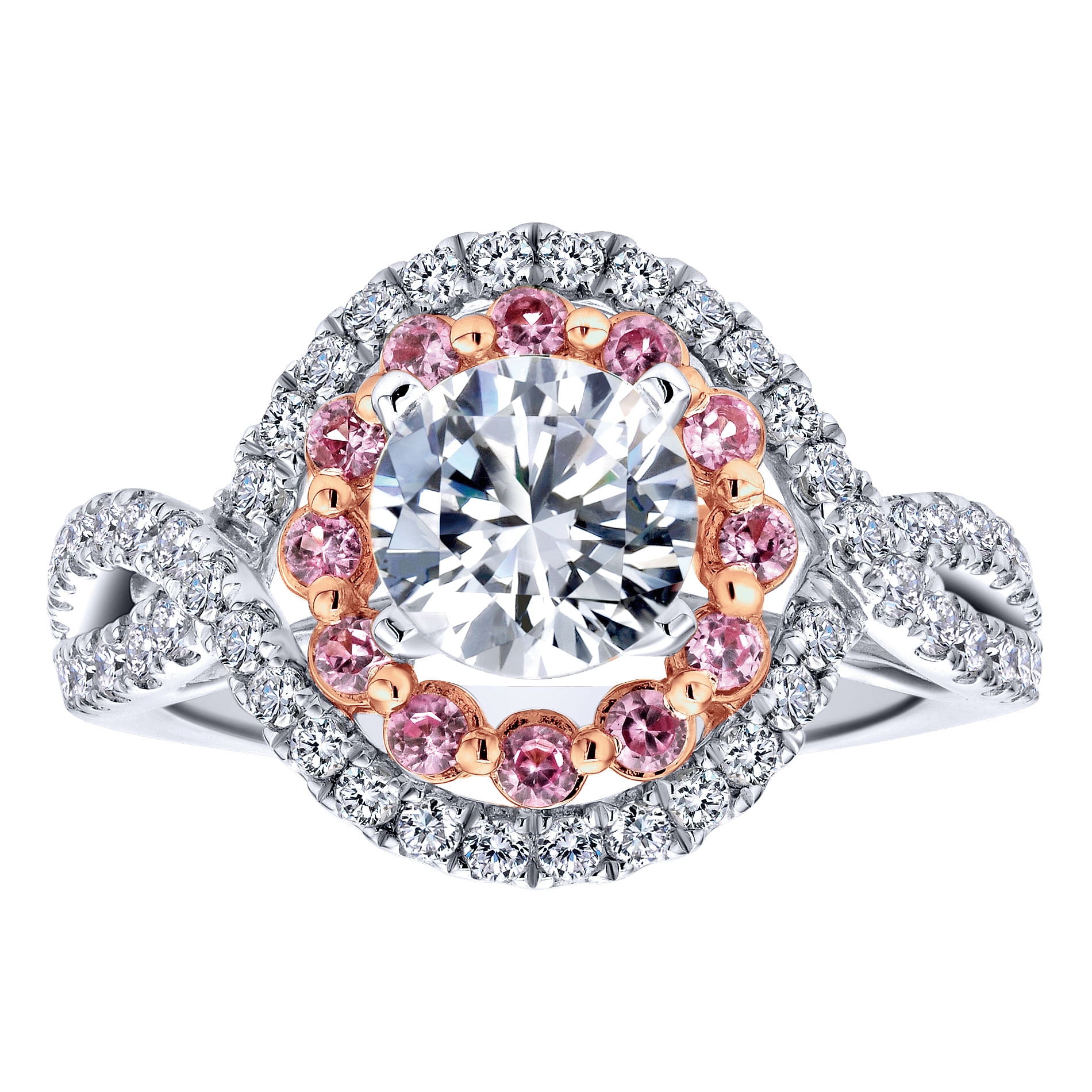 14k White And Rose Gold Round Double Halo Engagement Ring angle 5 14k White And Rose Gold Round Double Halo Engagement Ring angle 5
