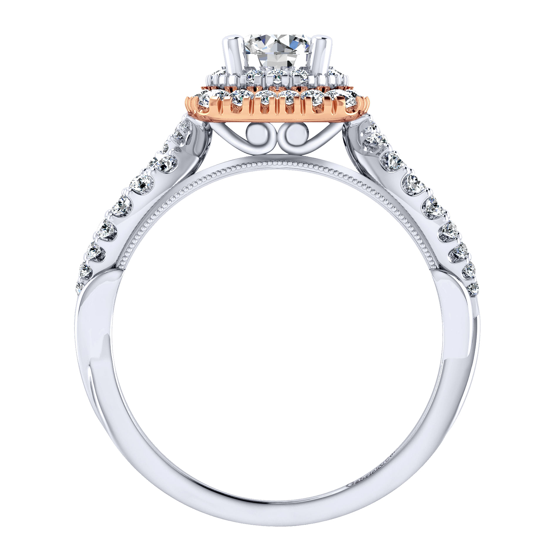 14k White And Rose Gold Round Double Halo Engagement Ring angle 2 14k White And Rose Gold Round Double Halo Engagement Ring angle 2
