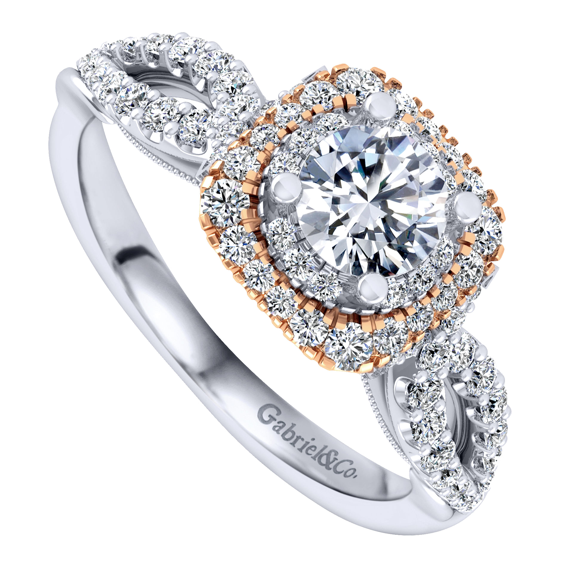 14k White And Rose Gold Round Double Halo Engagement Ring angle 3 14k White And Rose Gold Round Double Halo Engagement Ring angle 3