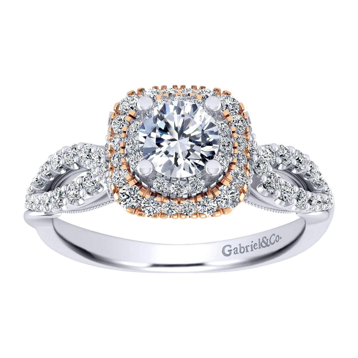 14k White And Rose Gold Round Double Halo Engagement Ring angle 5 14k White And Rose Gold Round Double Halo Engagement Ring angle 5