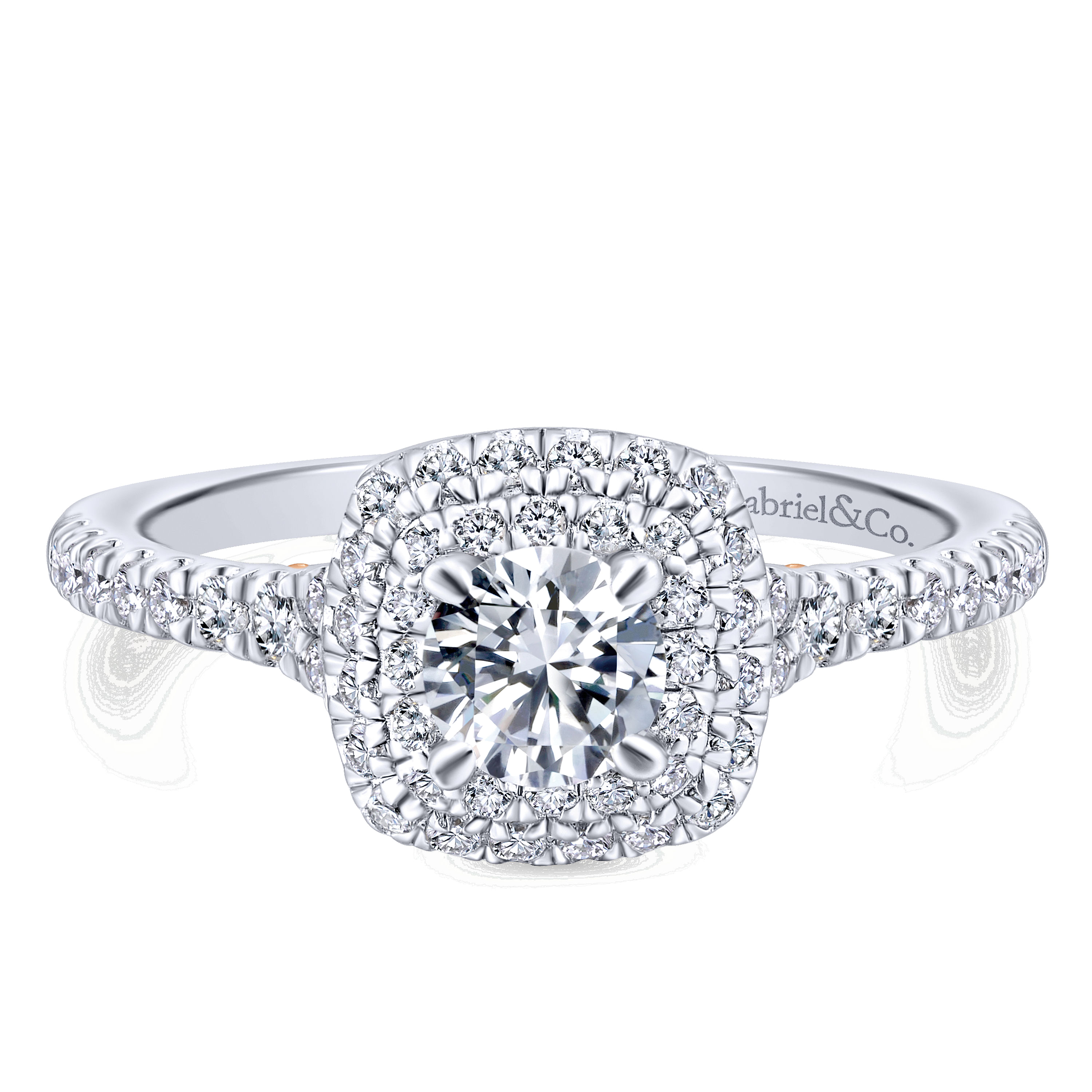 14k White And Rose Gold Round Double Halo Engagement Ring angle 1 14k White And Rose Gold Round Double Halo Engagement Ring angle 1