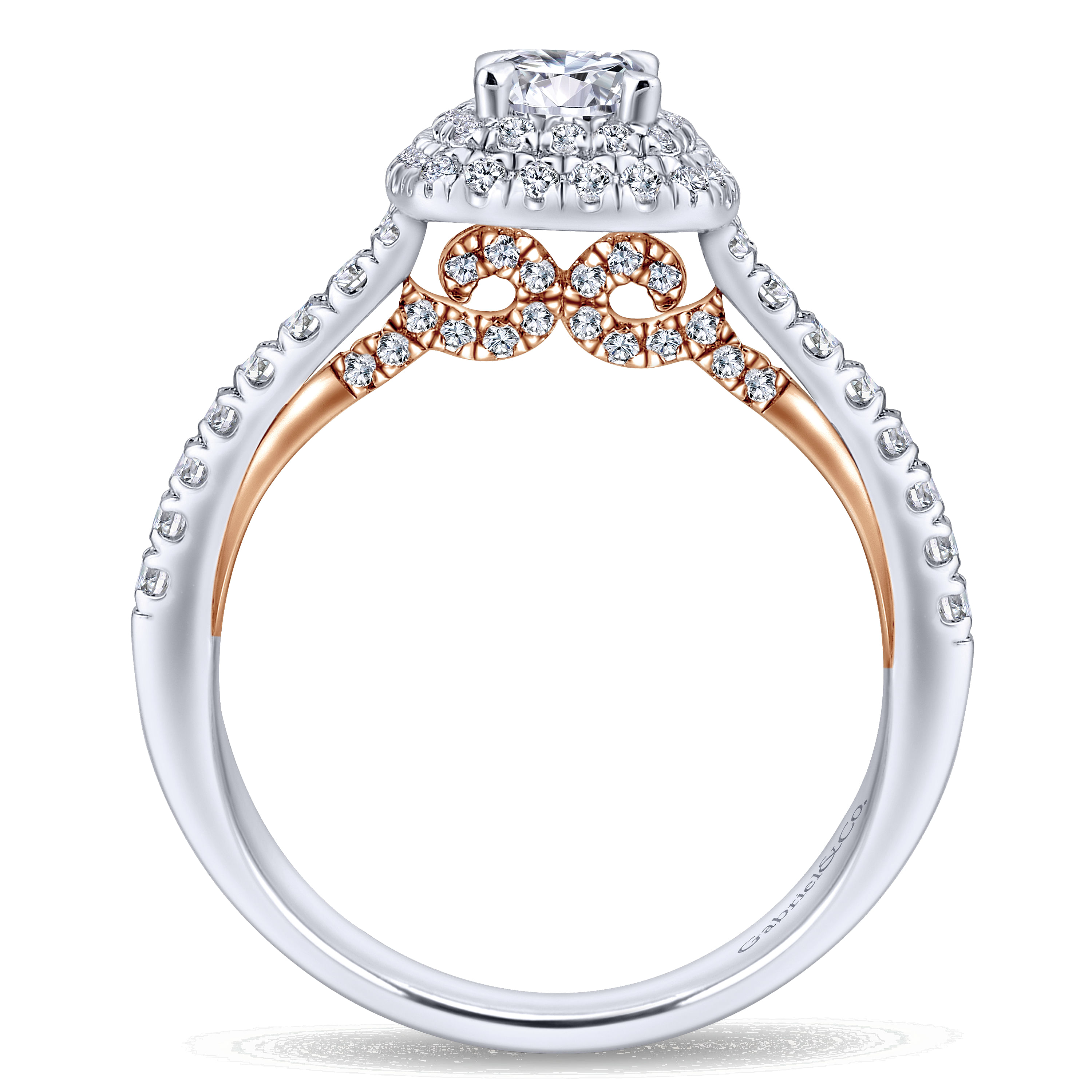 14k White And Rose Gold Round Double Halo Engagement Ring angle 2 14k White And Rose Gold Round Double Halo Engagement Ring angle 2