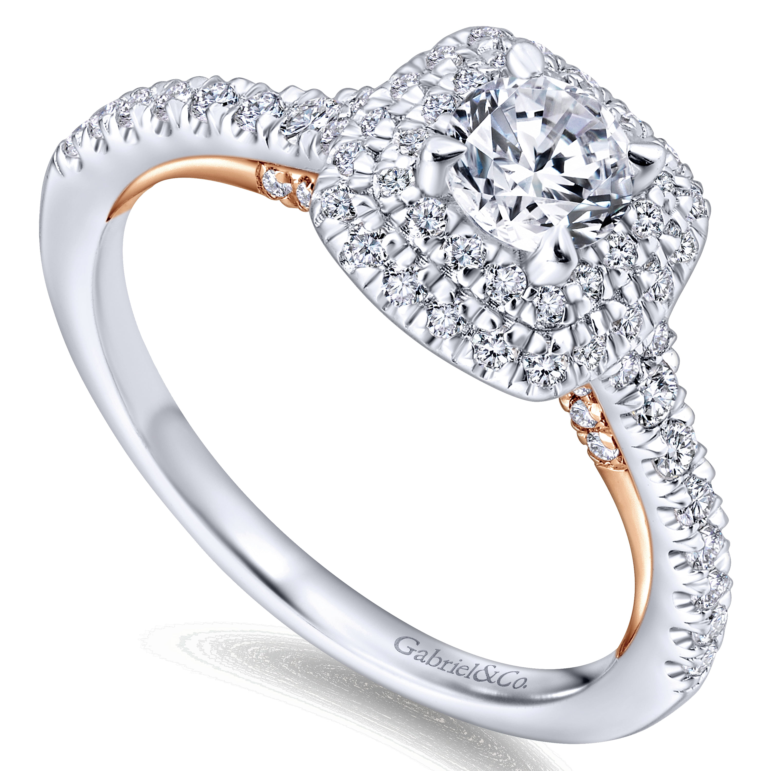 14k White And Rose Gold Round Double Halo Engagement Ring angle 3 14k White And Rose Gold Round Double Halo Engagement Ring angle 3