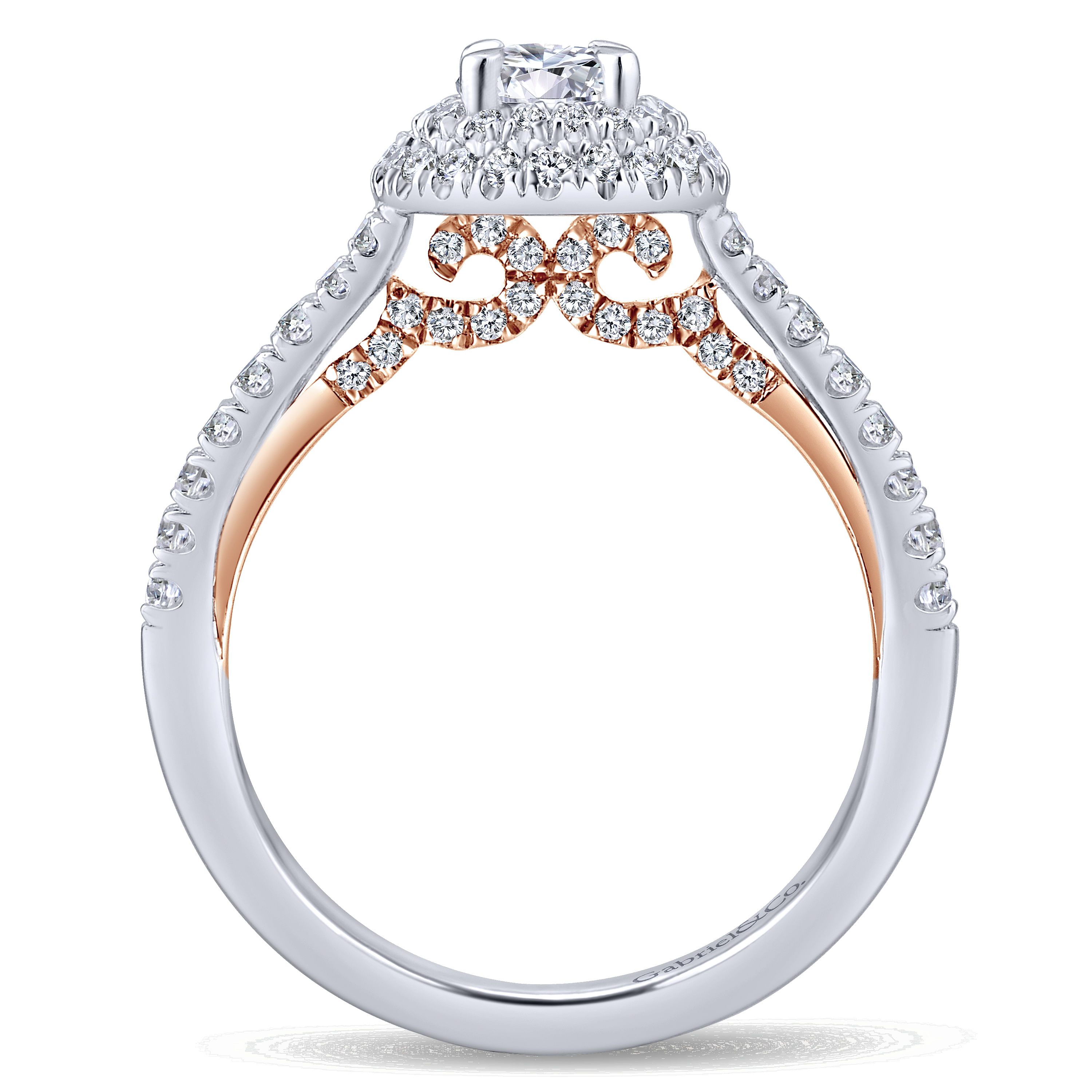14k White And Rose Gold Round Double Halo Engagement Ring angle 2 14k White And Rose Gold Round Double Halo Engagement Ring angle 2