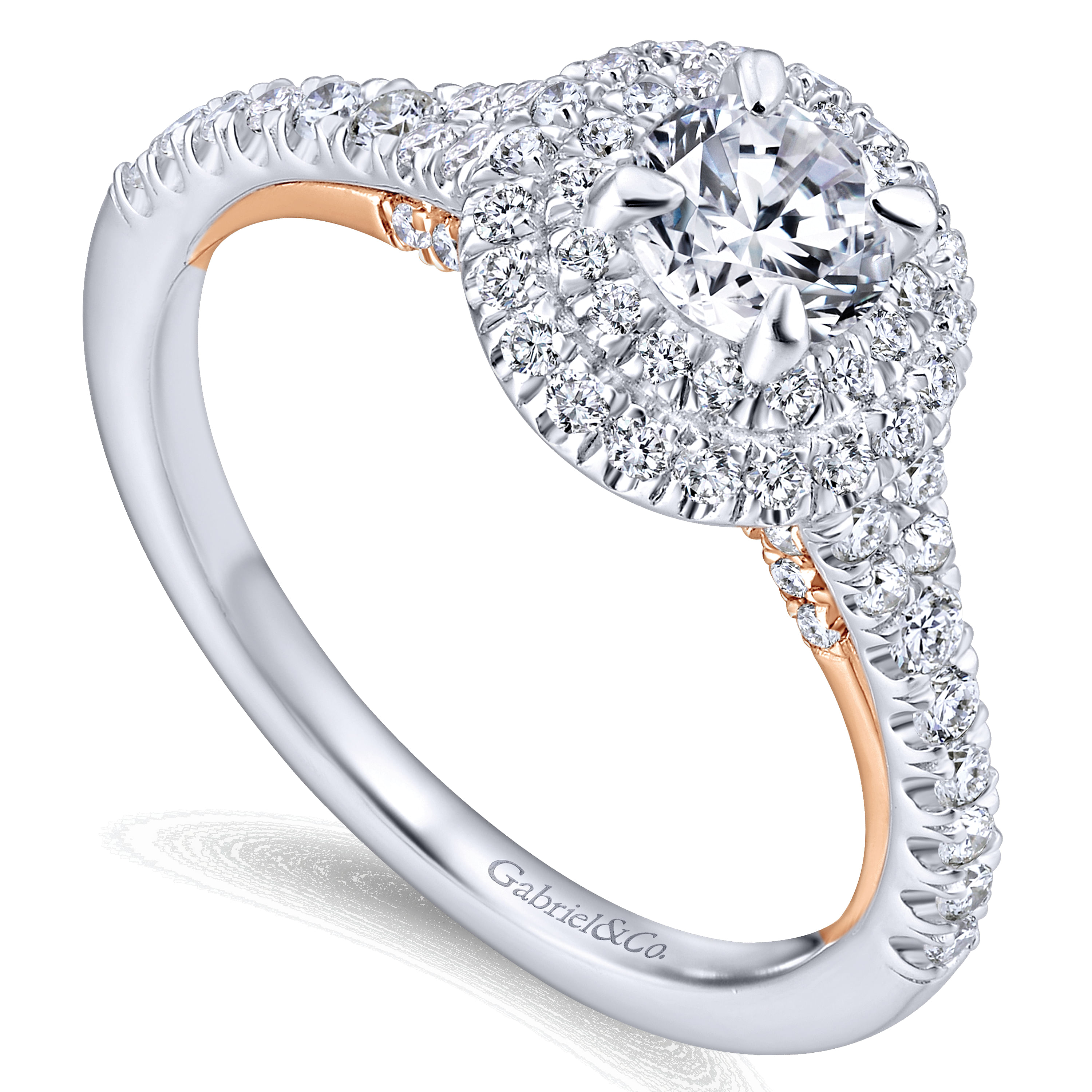 14k White And Rose Gold Round Double Halo Engagement Ring angle 3 14k White And Rose Gold Round Double Halo Engagement Ring angle 3