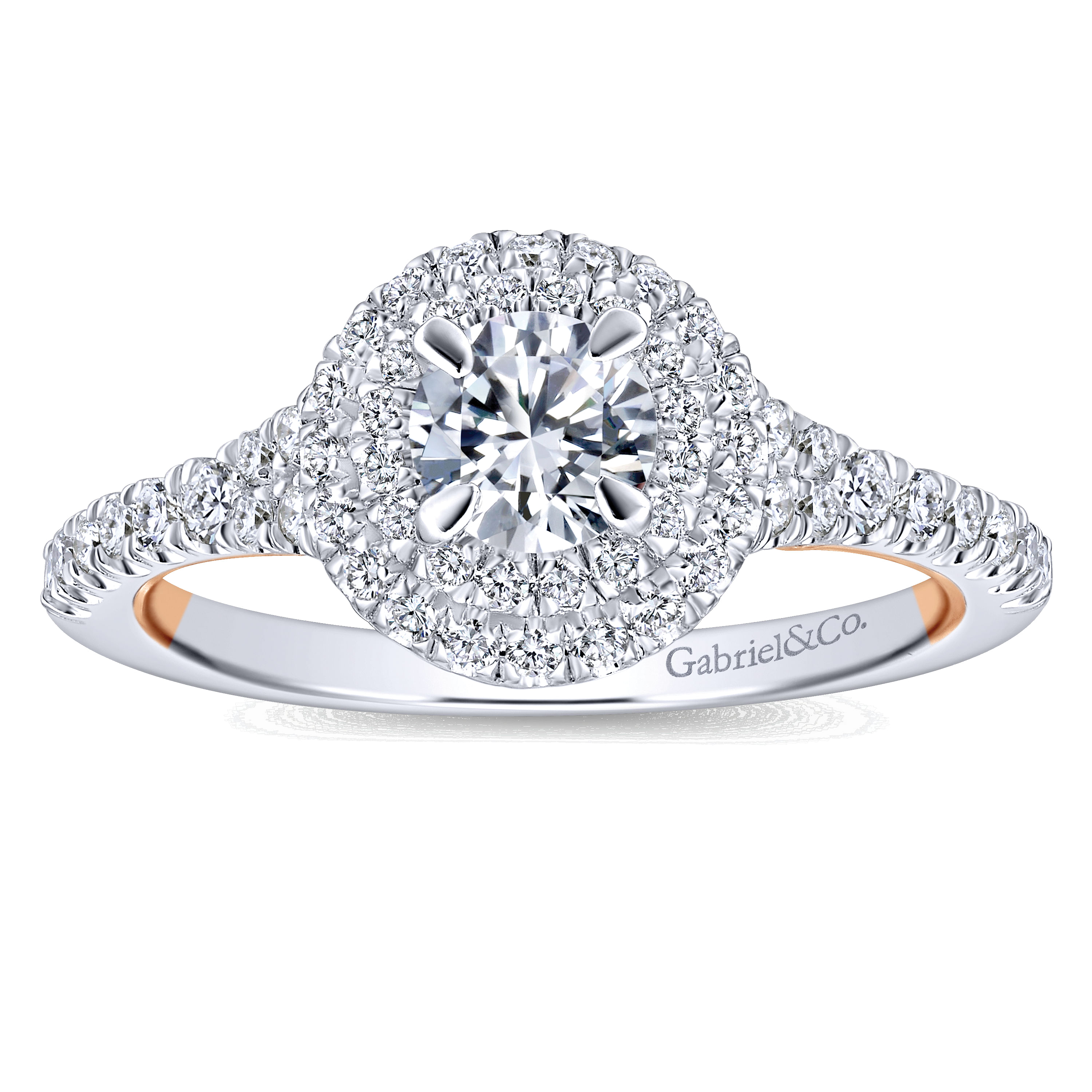 14k White And Rose Gold Round Double Halo Engagement Ring angle 5 14k White And Rose Gold Round Double Halo Engagement Ring angle 5