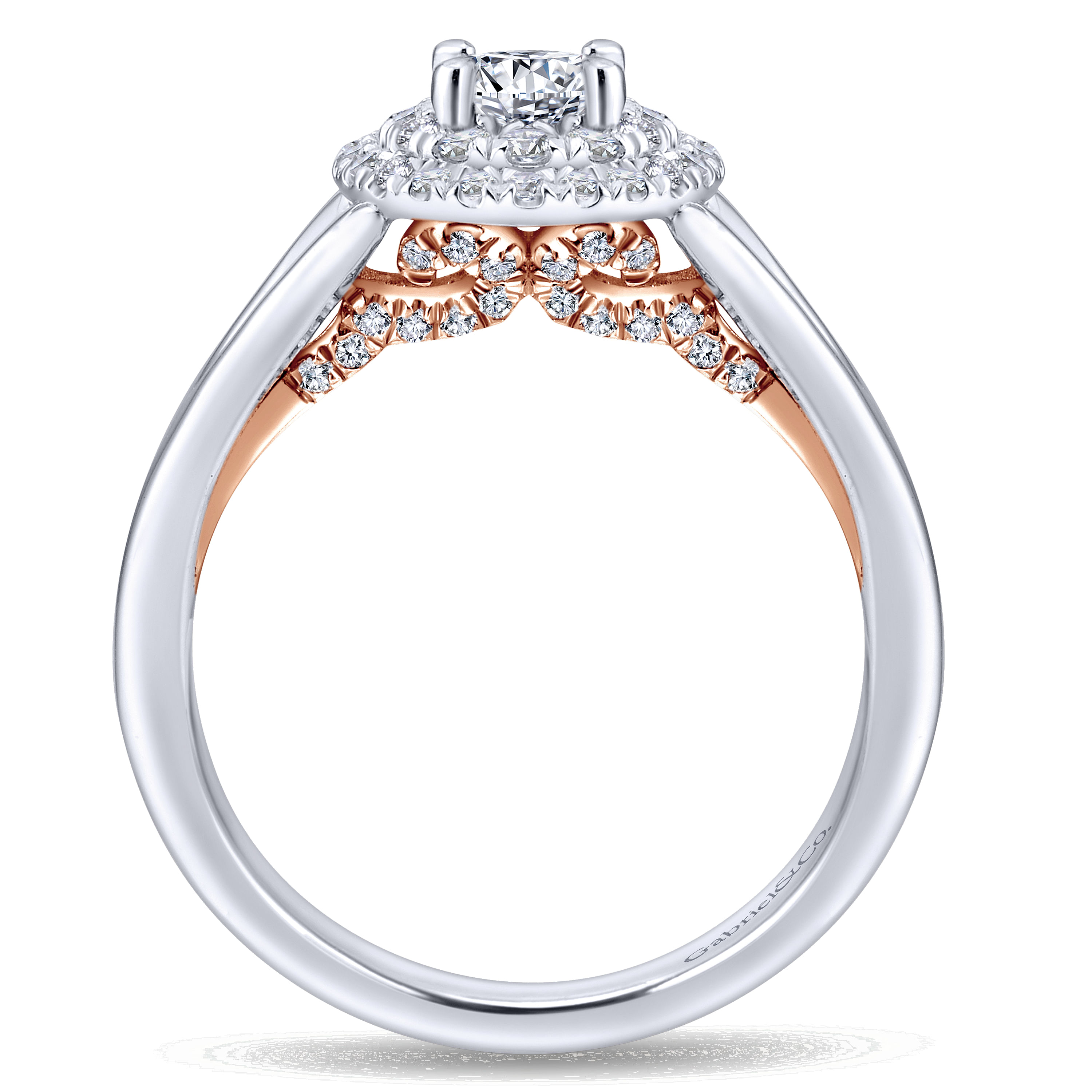 14k White And Rose Gold Round Double Halo Engagement Ring angle 2 14k White And Rose Gold Round Double Halo Engagement Ring angle 2