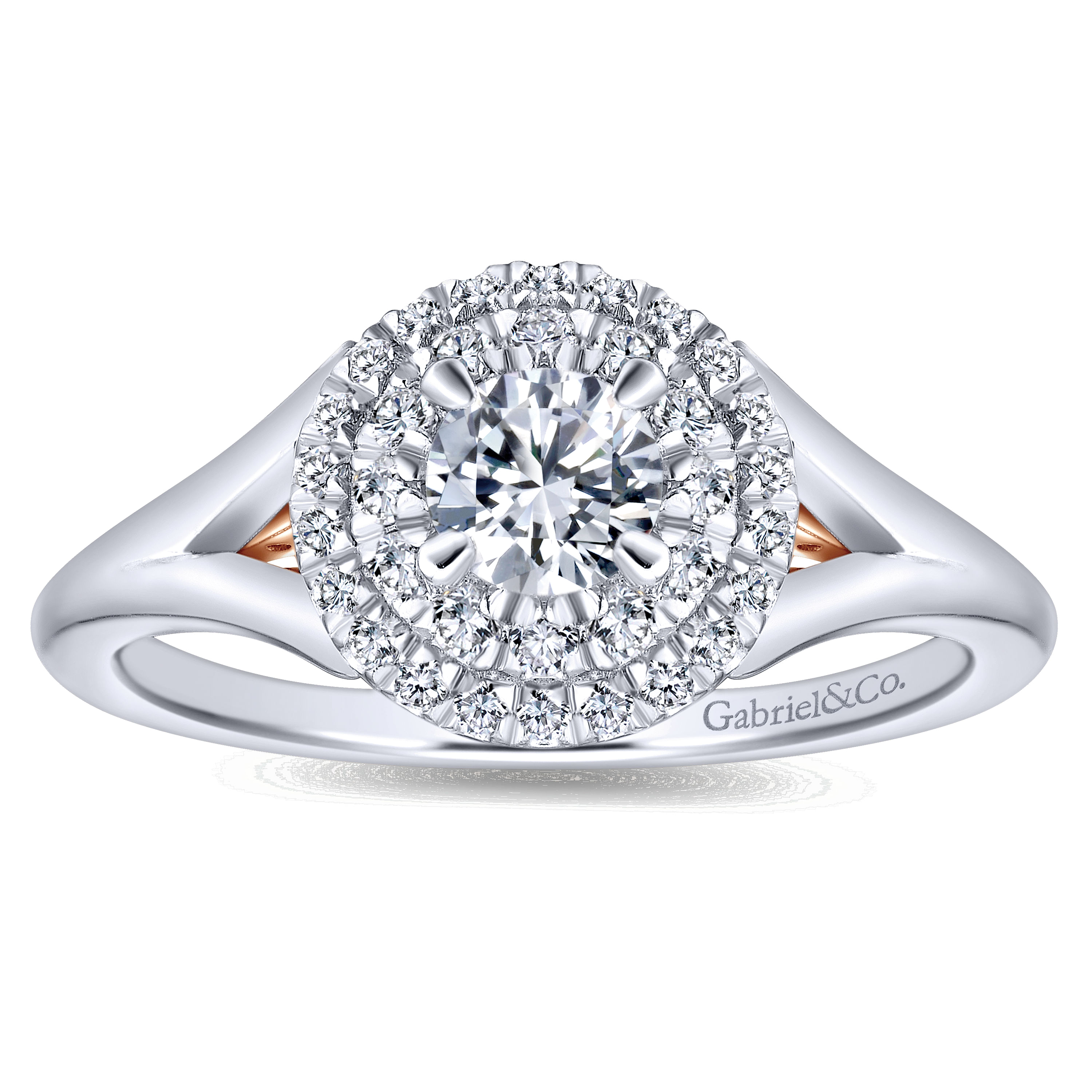 14k White And Rose Gold Round Double Halo Engagement Ring angle 5 14k White And Rose Gold Round Double Halo Engagement Ring angle 5