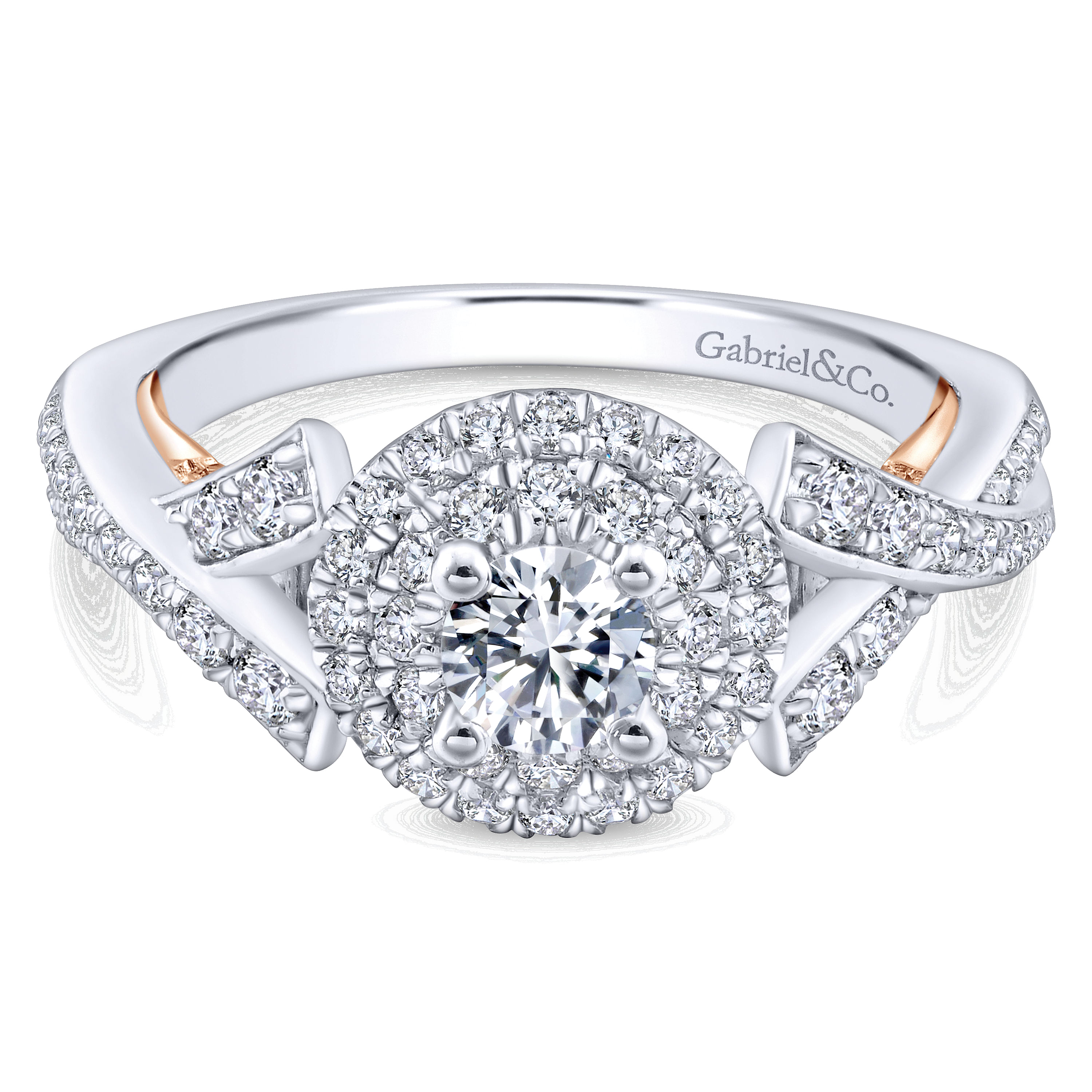 14k White And Rose Gold Round Double Halo Engagement Ring angle 1 14k White And Rose Gold Round Double Halo Engagement Ring angle 1