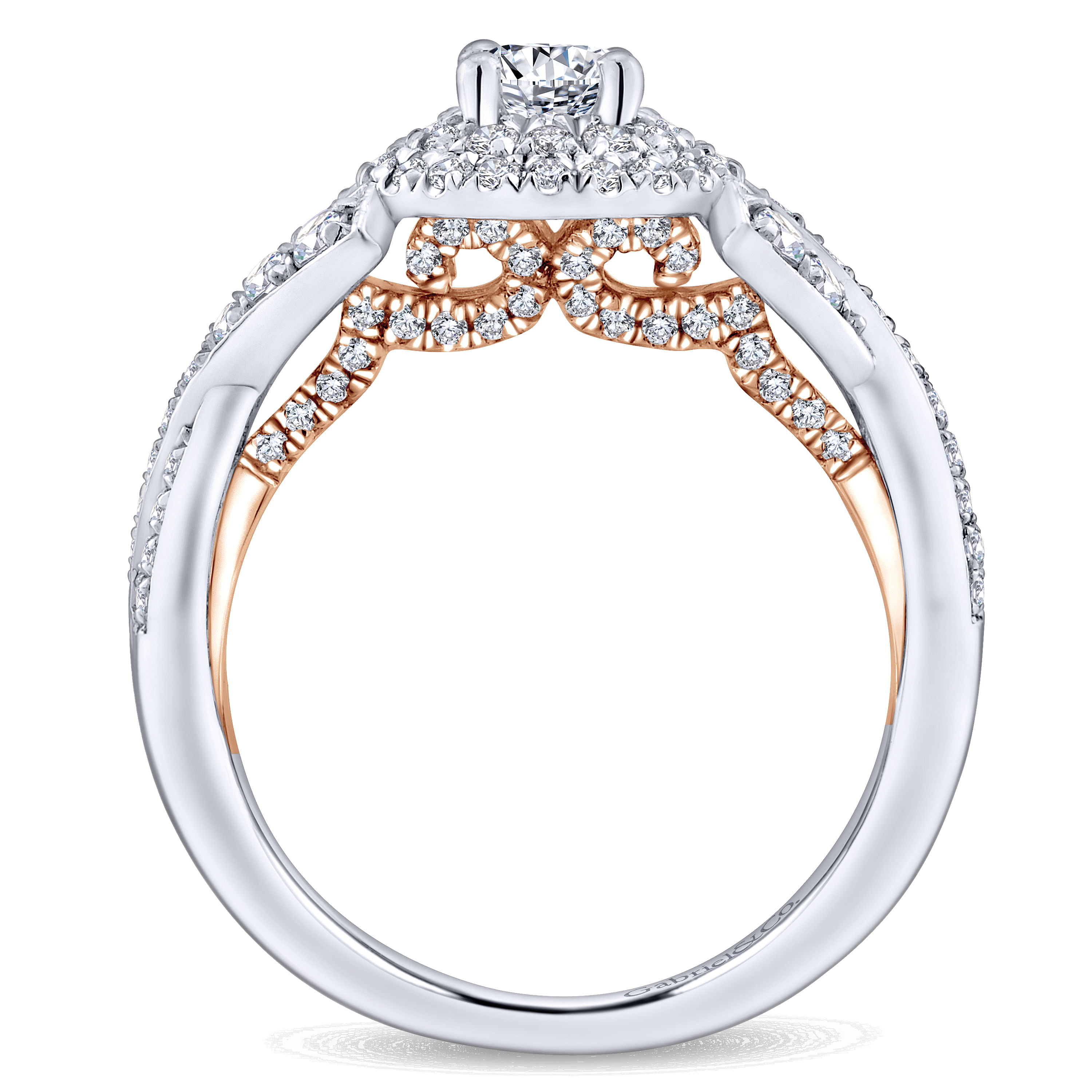 14k White And Rose Gold Round Double Halo Engagement Ring angle 2 14k White And Rose Gold Round Double Halo Engagement Ring angle 2