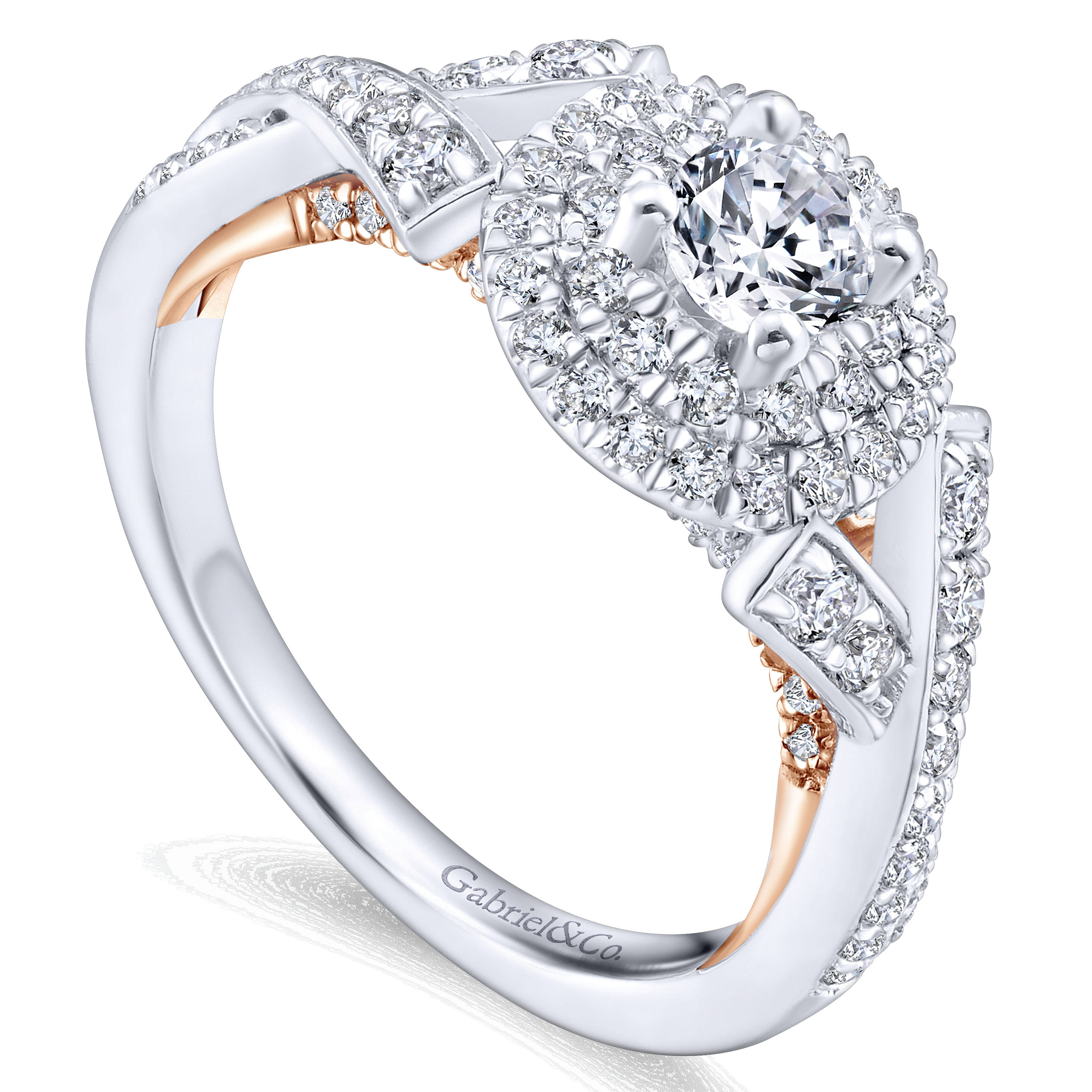 14k White And Rose Gold Round Double Halo Engagement Ring angle 3 14k White And Rose Gold Round Double Halo Engagement Ring angle 3