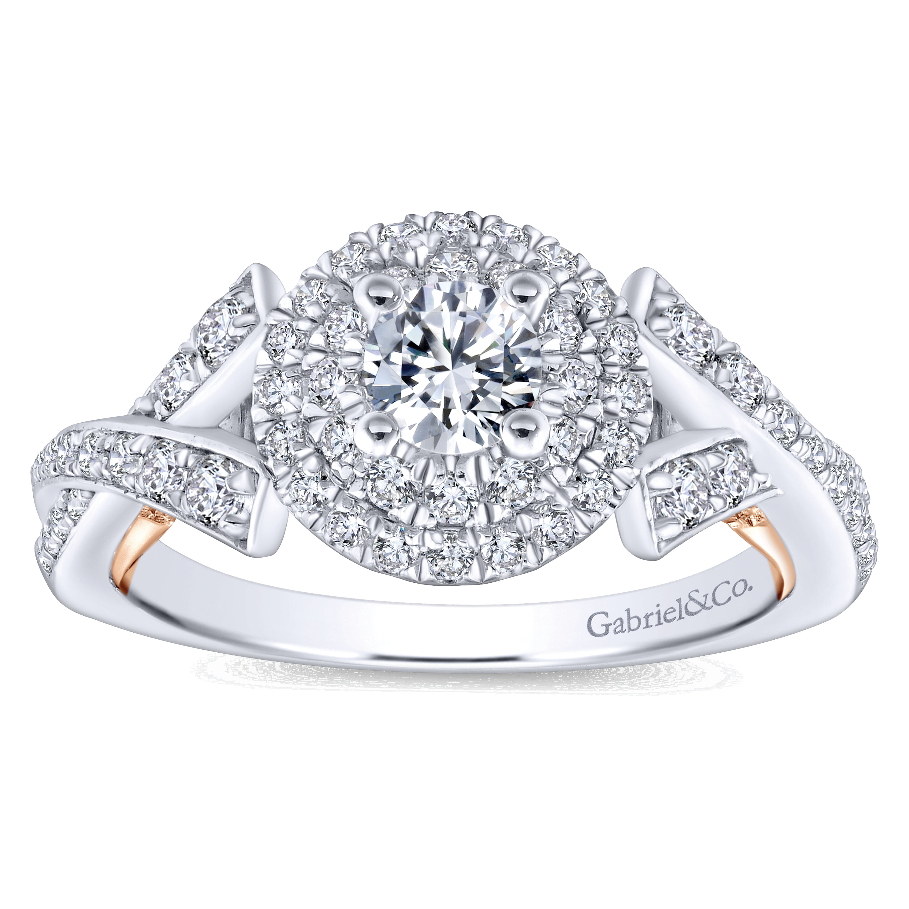 14k White And Rose Gold Round Double Halo Engagement Ring angle 5 14k White And Rose Gold Round Double Halo Engagement Ring angle 5