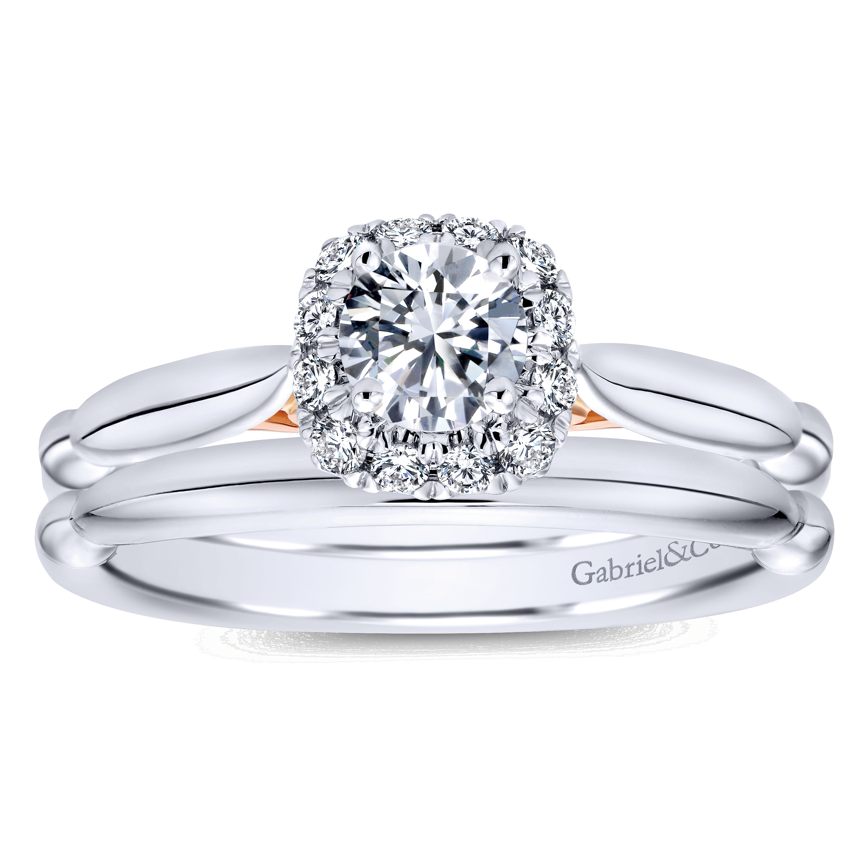 14k White And Rose Gold Round Halo Engagement Ring angle 4 14k White And Rose Gold Round Halo Engagement Ring angle 4