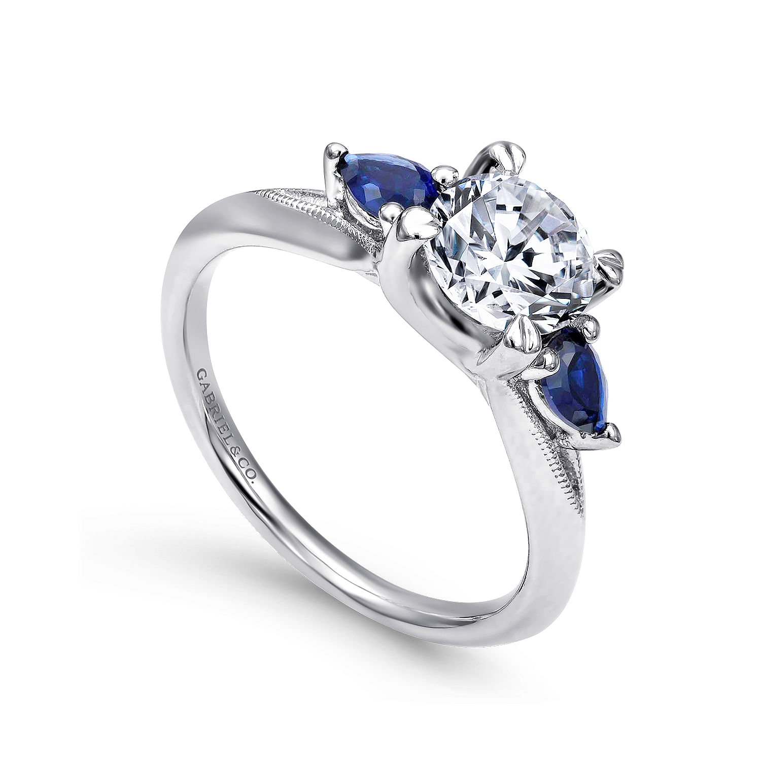 14k White Gold And Sapphire 3 Stones Engagement Ring angle 3 14k White Gold And Sapphire 3 Stones Engagement Ring angle 3