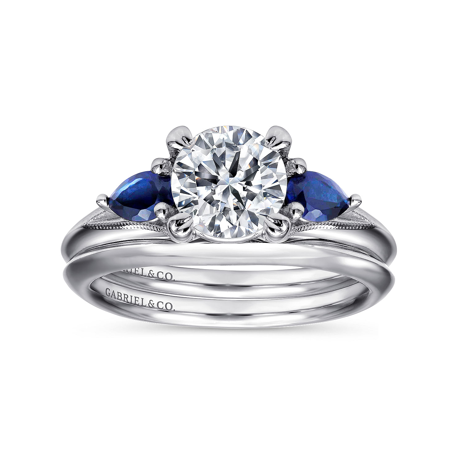 14k White Gold And Sapphire 3 Stones Engagement Ring angle 4 14k White Gold And Sapphire 3 Stones Engagement Ring angle 4