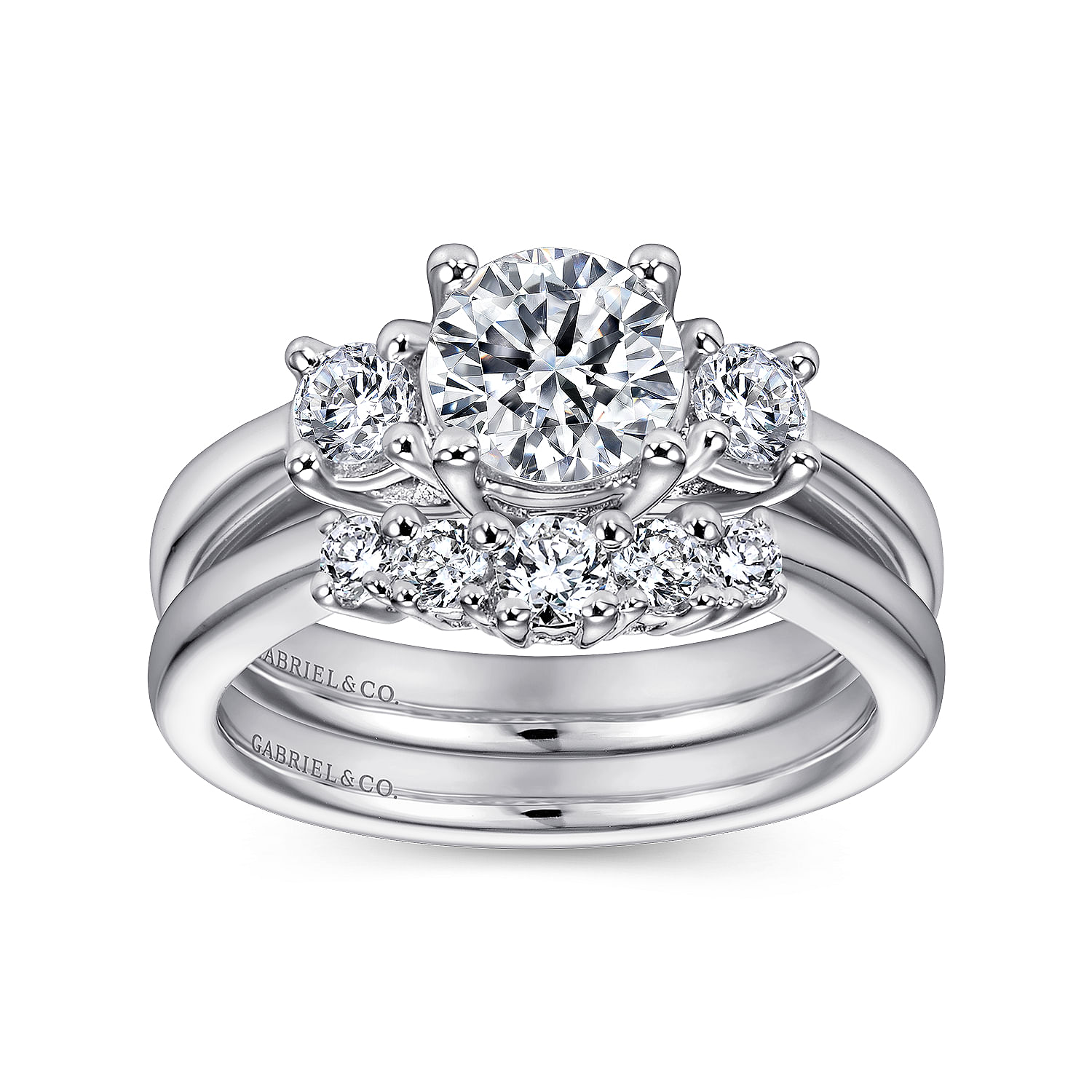 14k White Gold 3 Round Stone Diamond Engagement Ring on Rounded Shank angle 4 14k White Gold 3 Round Stone Diamond Engagement Ring on Rounded Shank angle 4