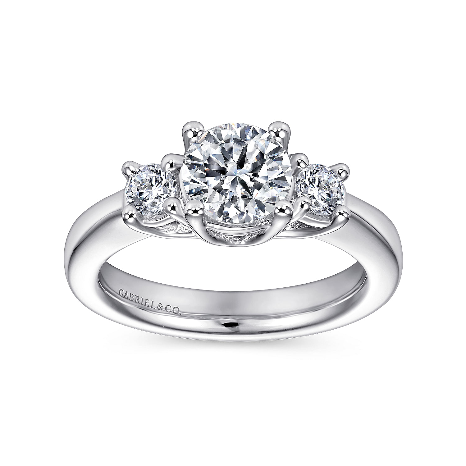 14k White Gold 3 Round Stone Diamond Engagement Ring on Rounded Shank angle 5 14k White Gold 3 Round Stone Diamond Engagement Ring on Rounded Shank angle 5