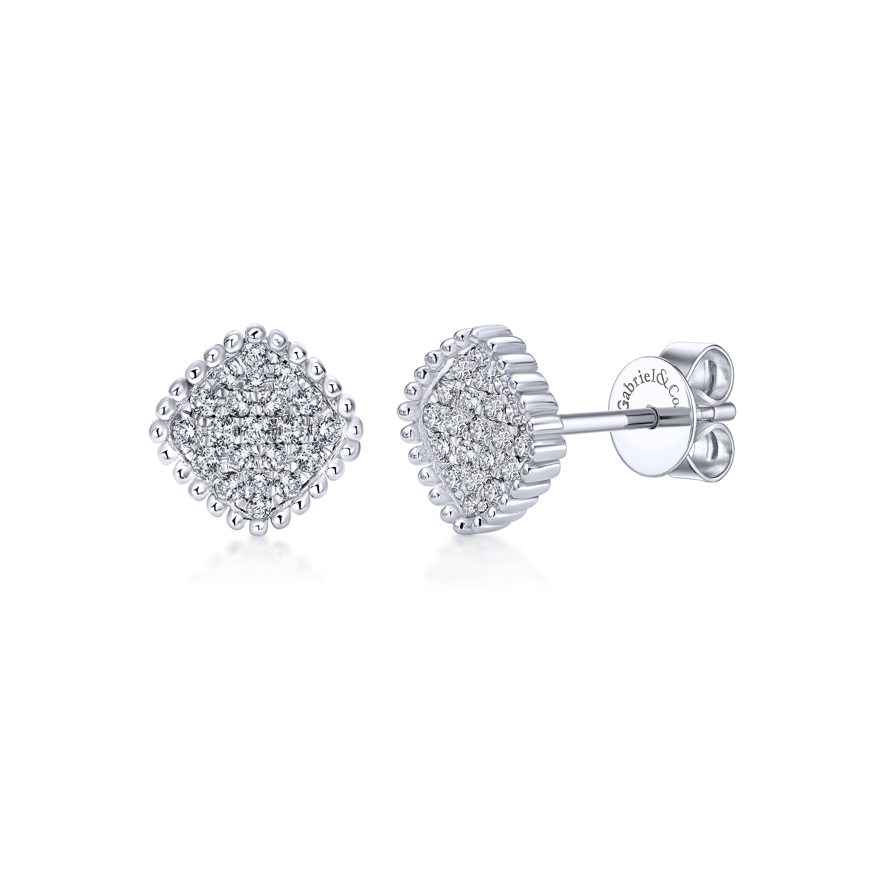 14k White Gold Beaded Square Diamond Cluster Stud Earrings