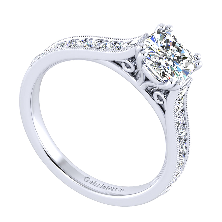 14k White Gold Cushion Cut Straight Engagement Ring angle 3 14k White Gold Cushion Cut Straight Engagement Ring angle 3