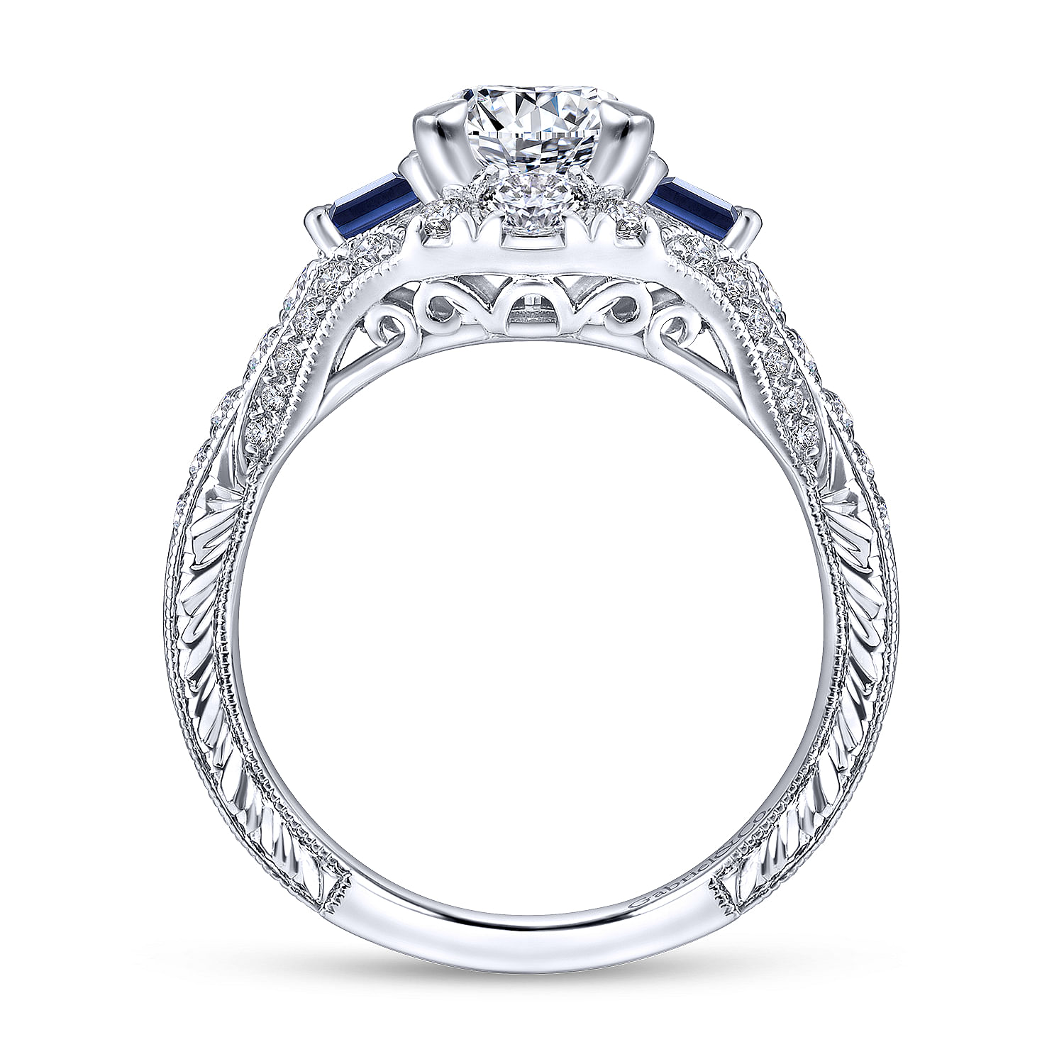 14k White Gold Diamond And Sapphire 3 Stones Engagement Ring angle 2 14k White Gold Diamond And Sapphire 3 Stones Engagement Ring angle 2