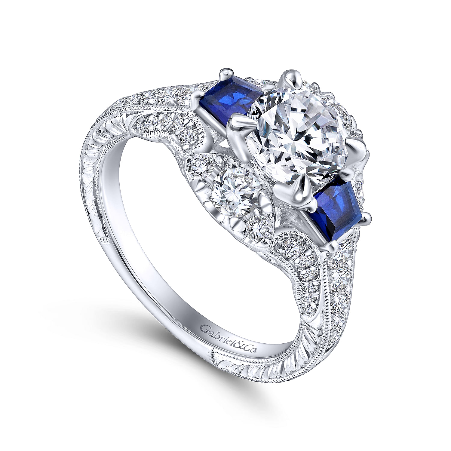 14k White Gold Diamond And Sapphire 3 Stones Engagement Ring angle 3 14k White Gold Diamond And Sapphire 3 Stones Engagement Ring angle 3