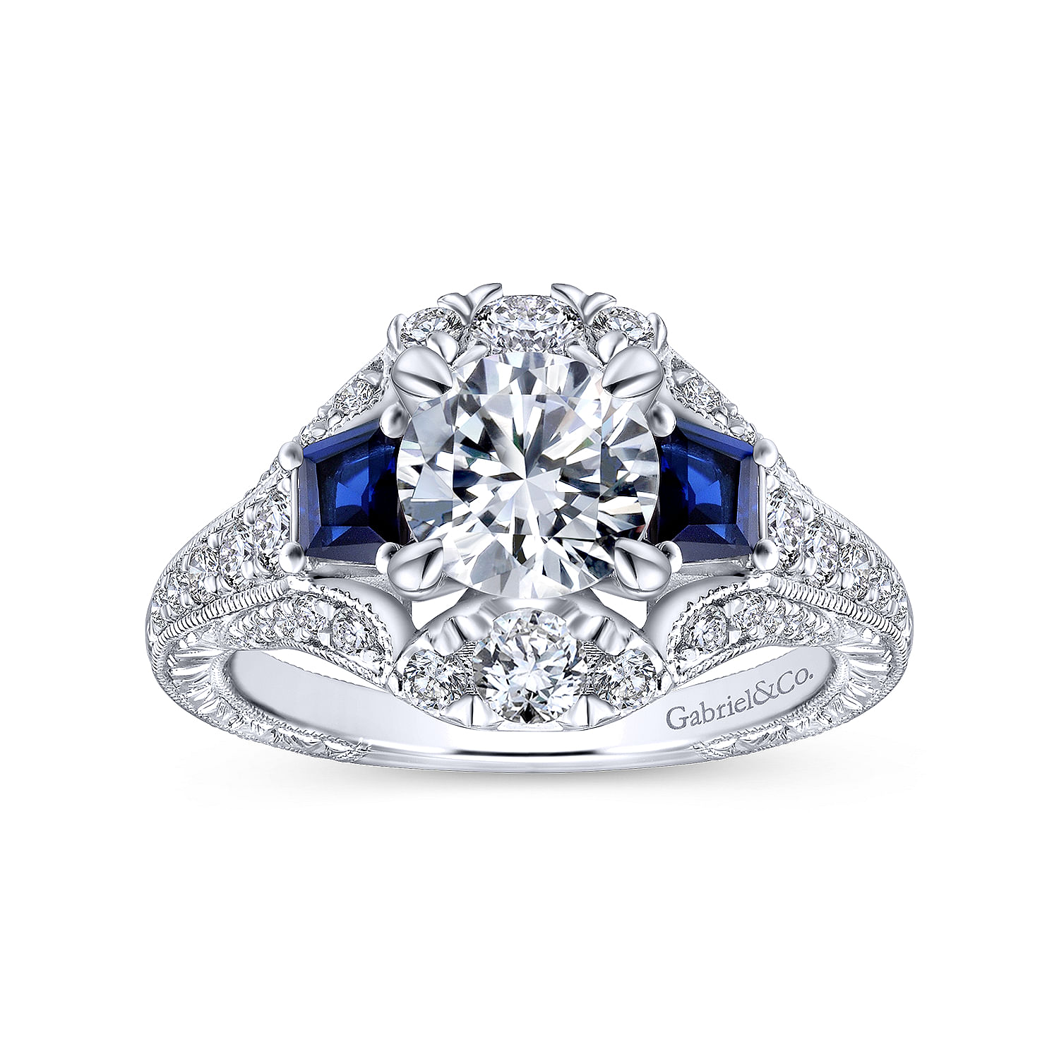 14k White Gold Diamond And Sapphire 3 Stones Engagement Ring angle 5 14k White Gold Diamond And Sapphire 3 Stones Engagement Ring angle 5