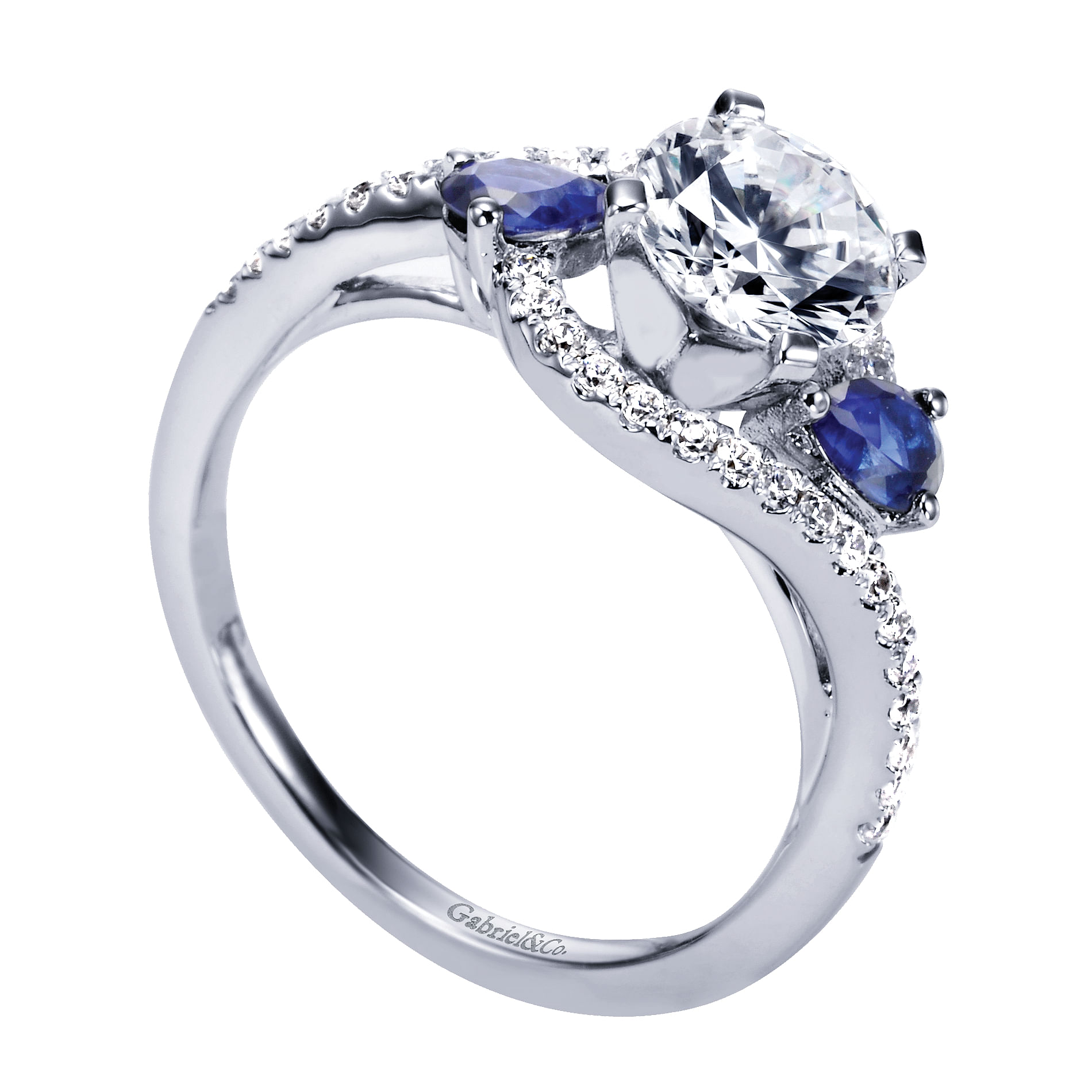 14k White Gold Diamond And Sapphire Bypass Engagement Ring angle 3 14k White Gold Diamond And Sapphire Bypass Engagement Ring angle 3