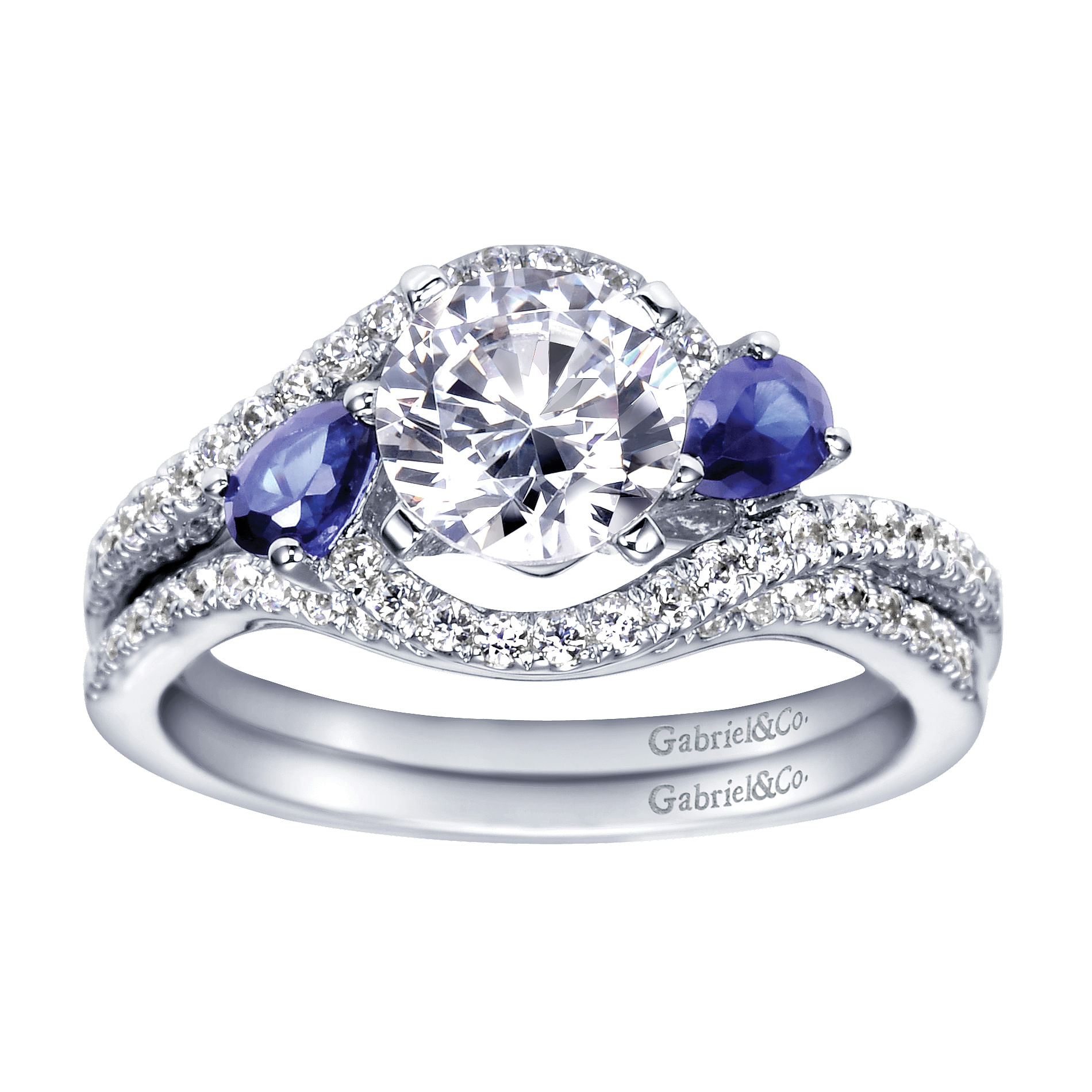 14k White Gold Diamond And Sapphire Bypass Engagement Ring angle 4 14k White Gold Diamond And Sapphire Bypass Engagement Ring angle 4