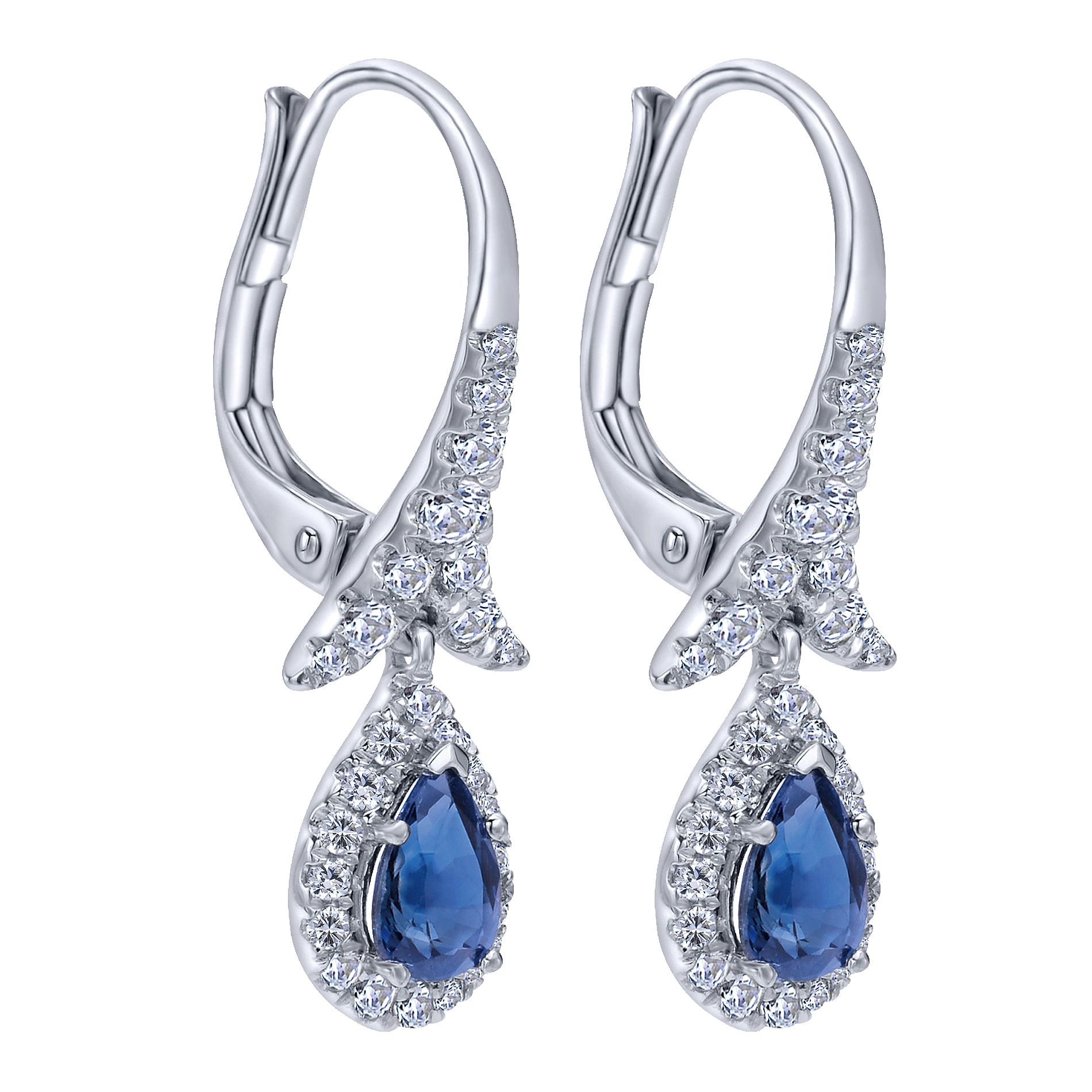 14k White Gold Diamond And Sapphire Drop Earrings angle 2 14k White Gold Diamond And Sapphire Drop Earrings angle 2