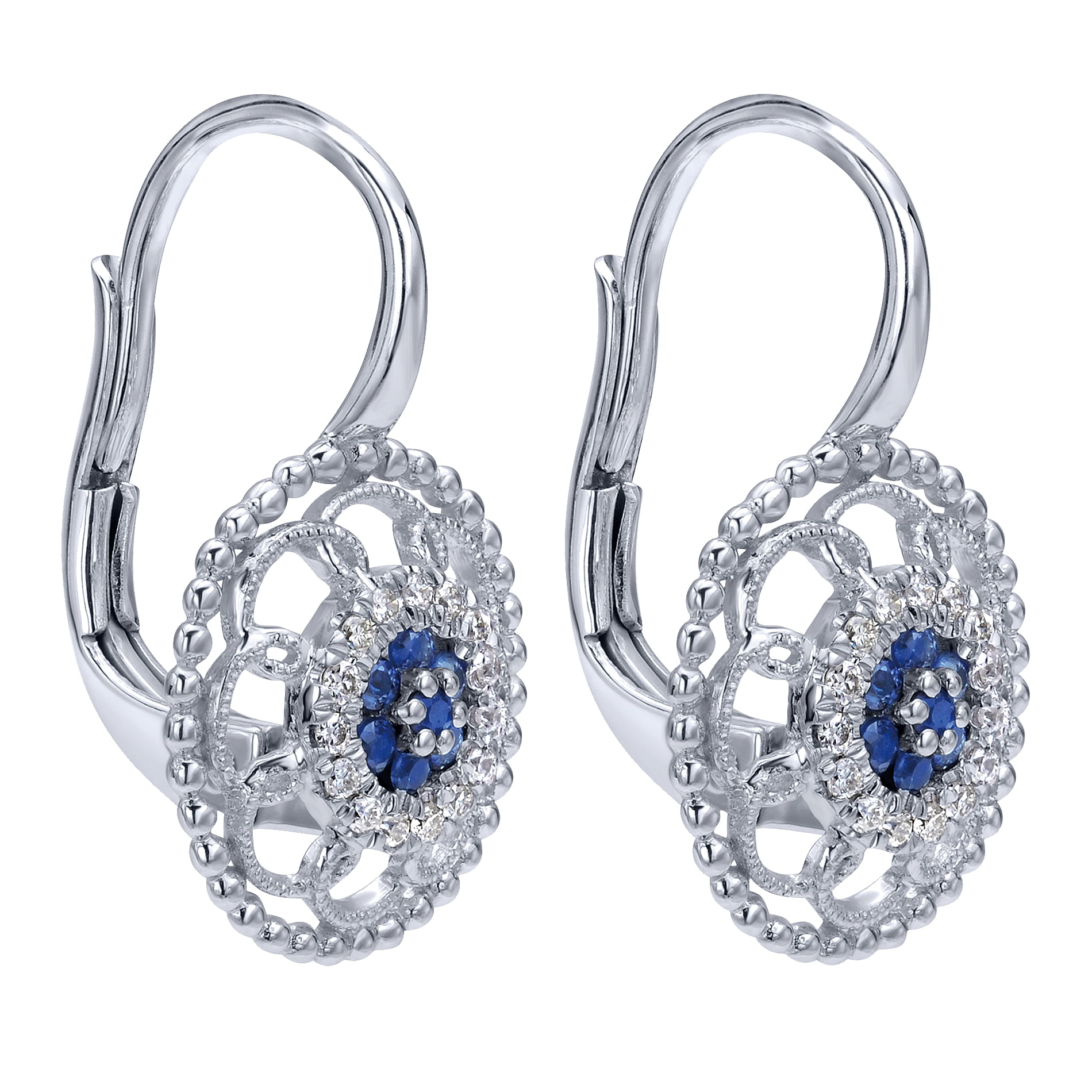 14k White Gold Diamond And Sapphire Drop Earrings angle 2 14k White Gold Diamond And Sapphire Drop Earrings angle 2