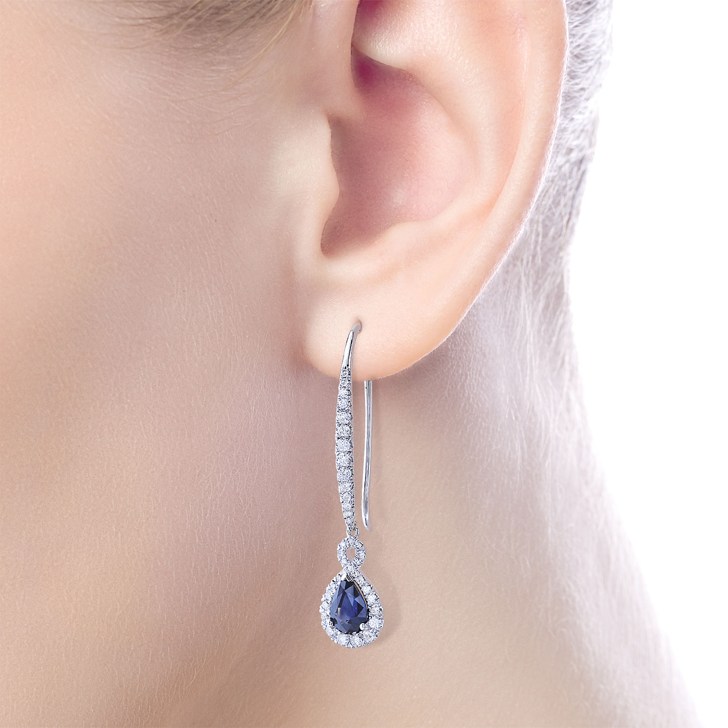 14k White Gold Diamond And Sapphire Drop Earrings angle 2 14k White Gold Diamond And Sapphire Drop Earrings angle 2