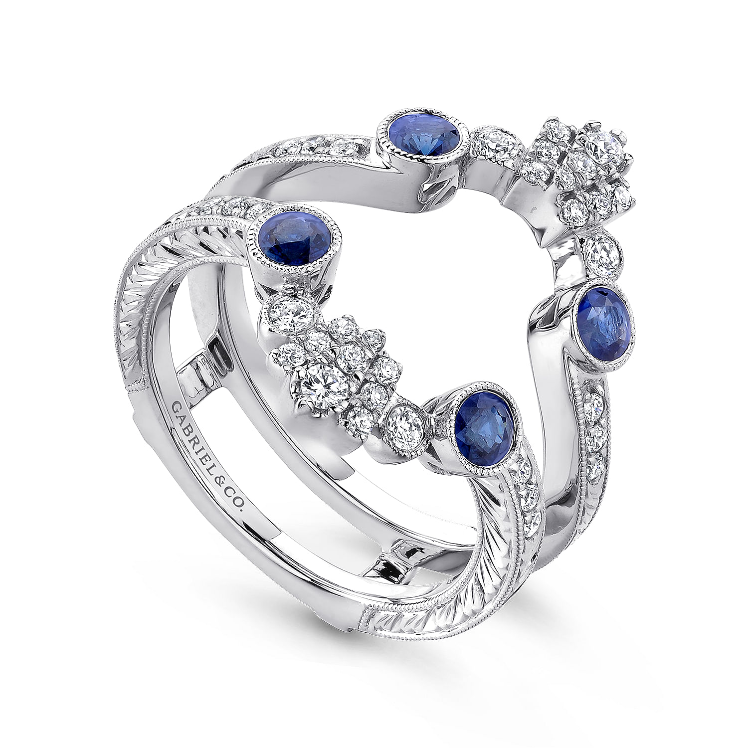 14k White Gold Diamond And Sapphire Jacket Anniversary Band angle 3 14k White Gold Diamond And Sapphire Jacket Anniversary Band angle 3
