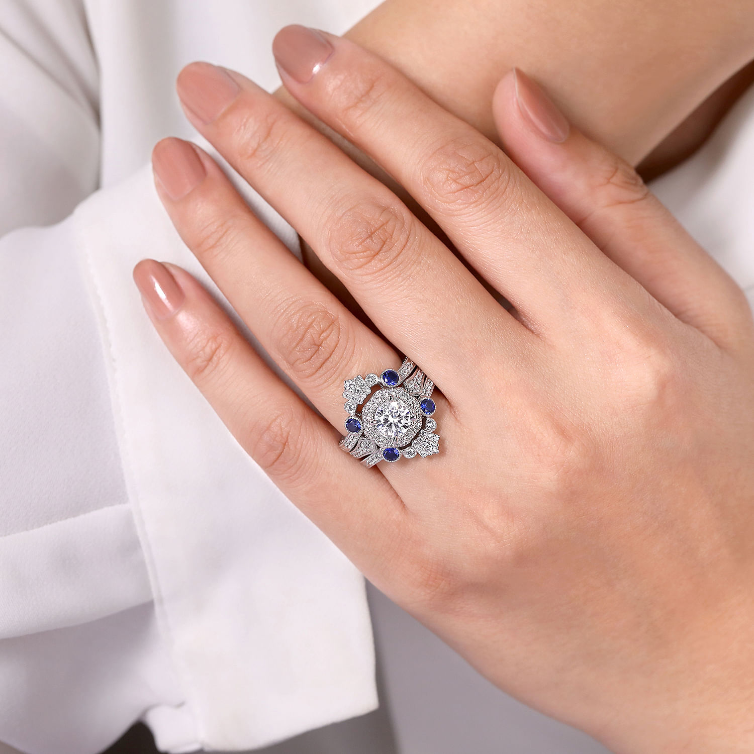 14k White Gold Diamond And Sapphire Jacket Anniversary Band angle 5 14k White Gold Diamond And Sapphire Jacket Anniversary Band angle 5