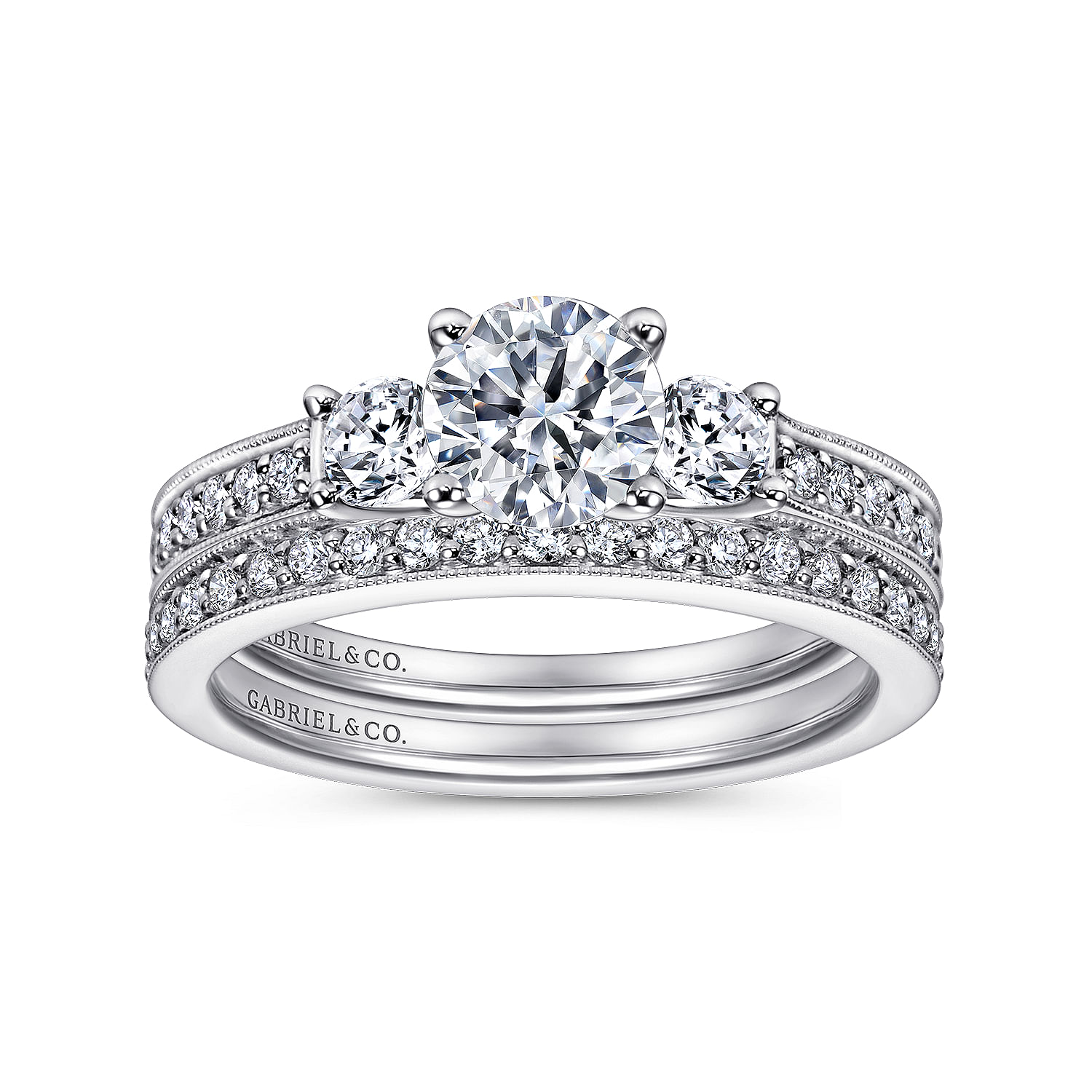 14k White Gold Diamond 3 Stones Engagement Ring angle 4 14k White Gold Diamond 3 Stones Engagement Ring angle 4