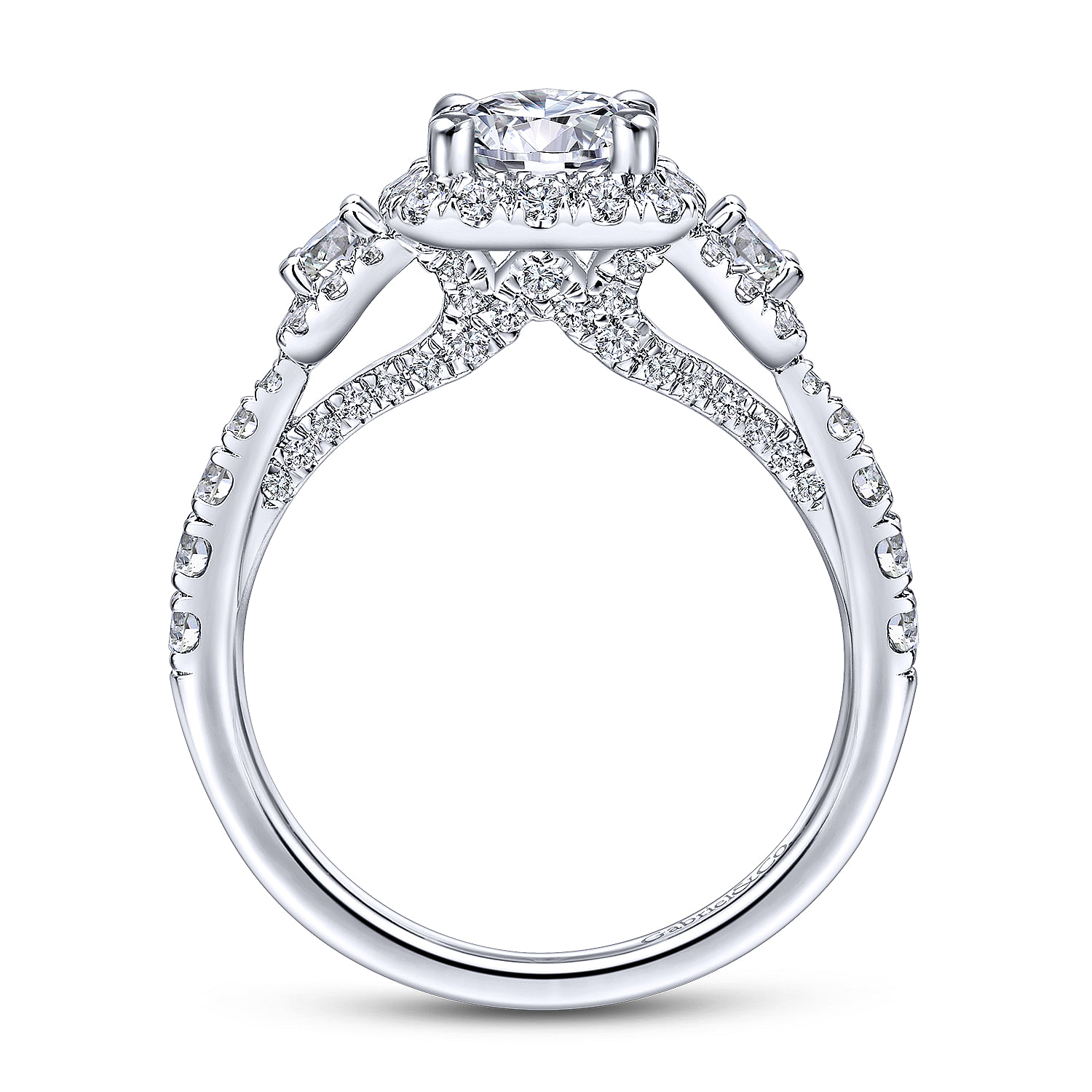 14k White Gold Diamond 3 Stones Halo Engagement Ring angle 2 14k White Gold Diamond 3 Stones Halo Engagement Ring angle 2