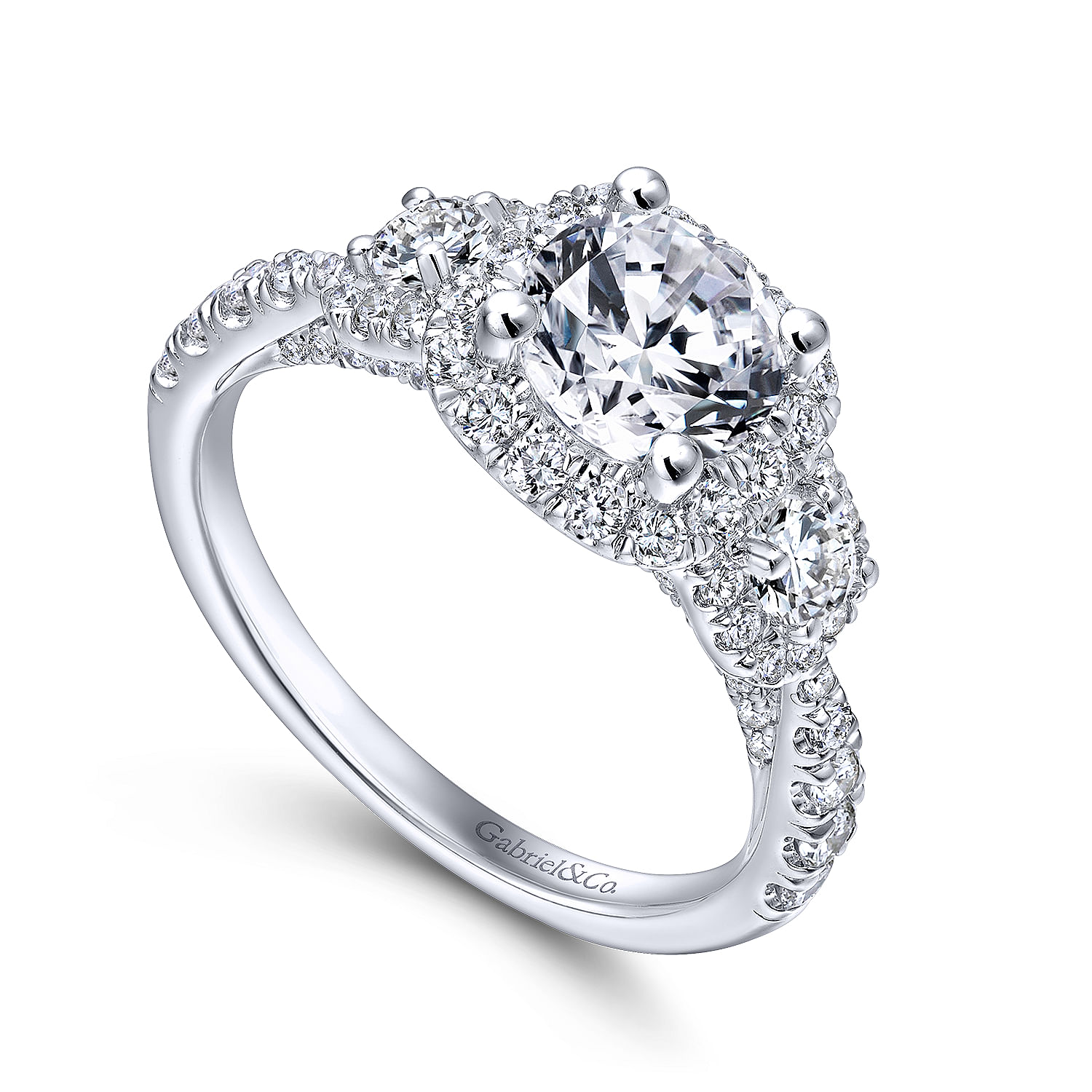 14k White Gold Diamond 3 Stones Halo Engagement Ring angle 3 14k White Gold Diamond 3 Stones Halo Engagement Ring angle 3