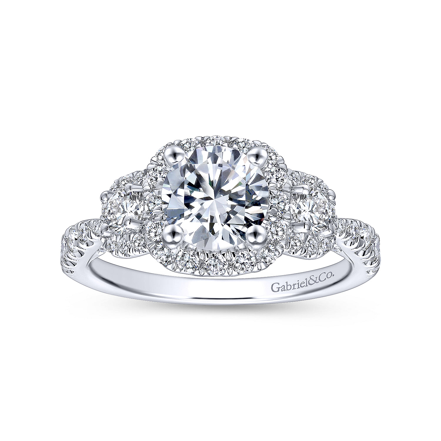 14k White Gold Diamond 3 Stones Halo Engagement Ring angle 5 14k White Gold Diamond 3 Stones Halo Engagement Ring angle 5